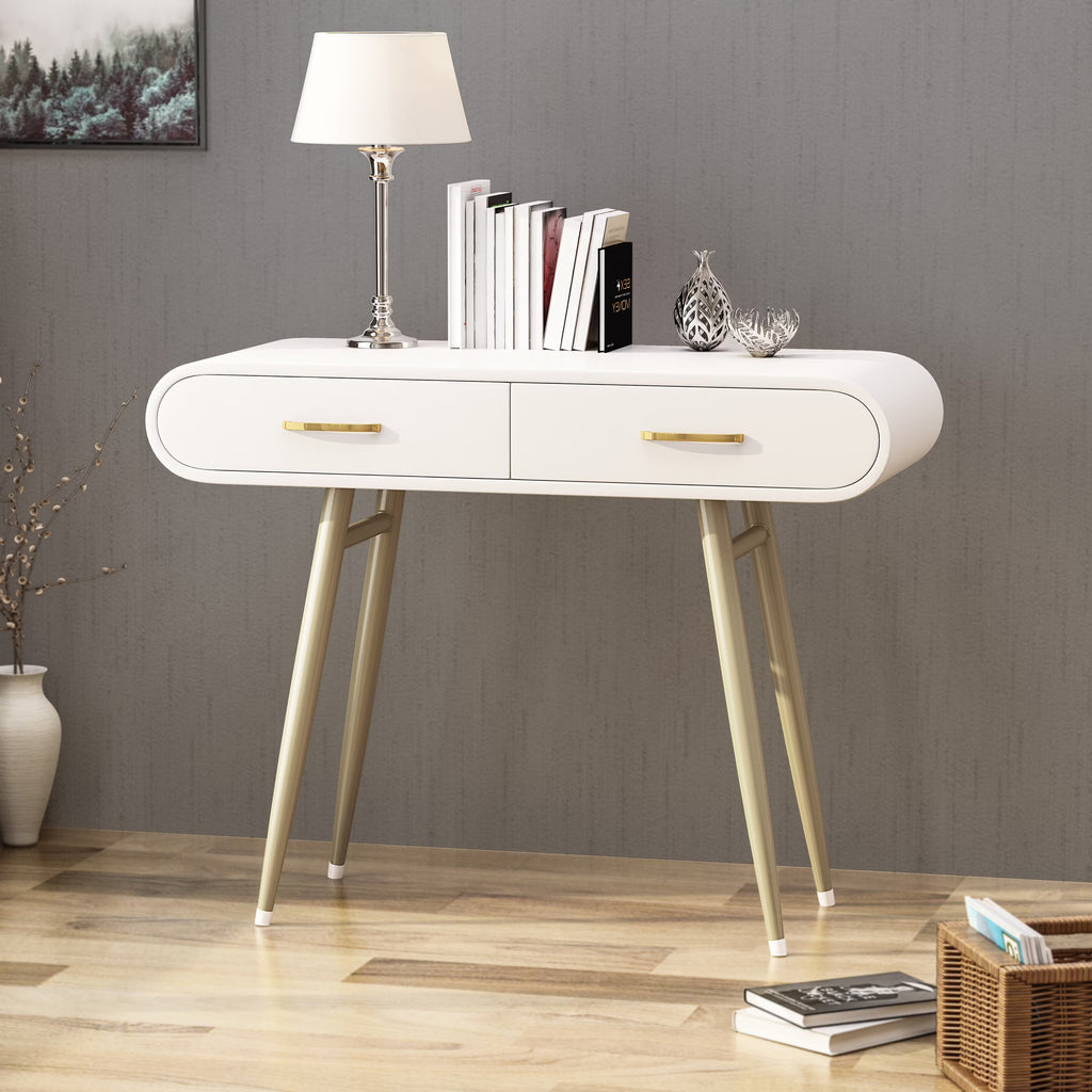 White and Champagne Gold Faux Wood Vanity Table Q616965