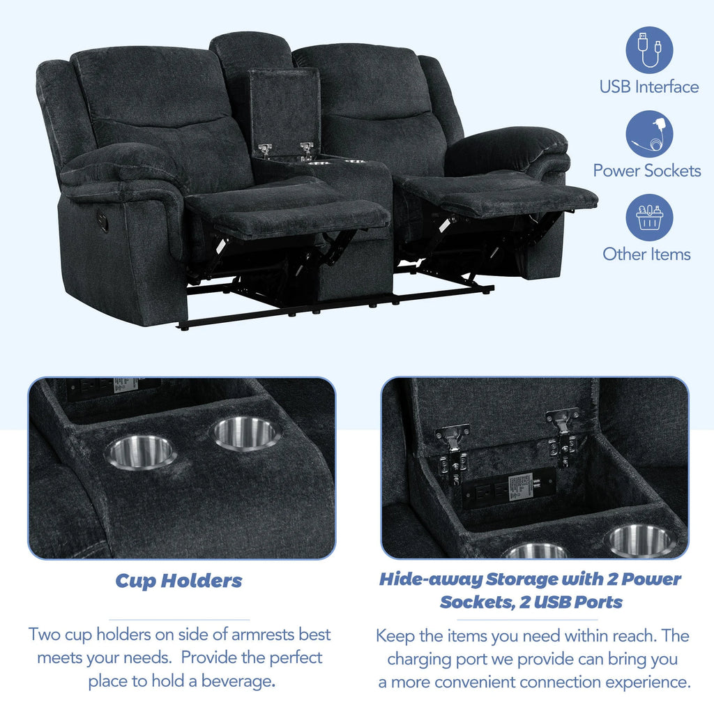 Dark Blue Manual Reclining Sofa with Storage A2163