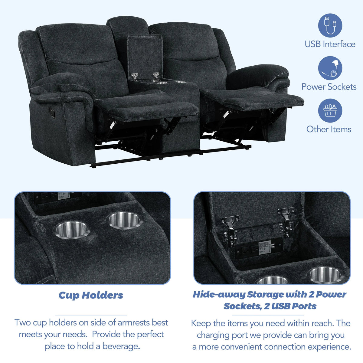 Dark Blue Manual Reclining Sofa with Storage A2163