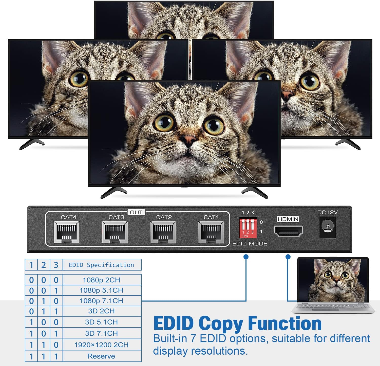 HDMI Extender Splitter 1x4, 165ft/50m, 1 in 4 Out, Over Cat5e/Cat6/7, 1080P@60hz C2458
