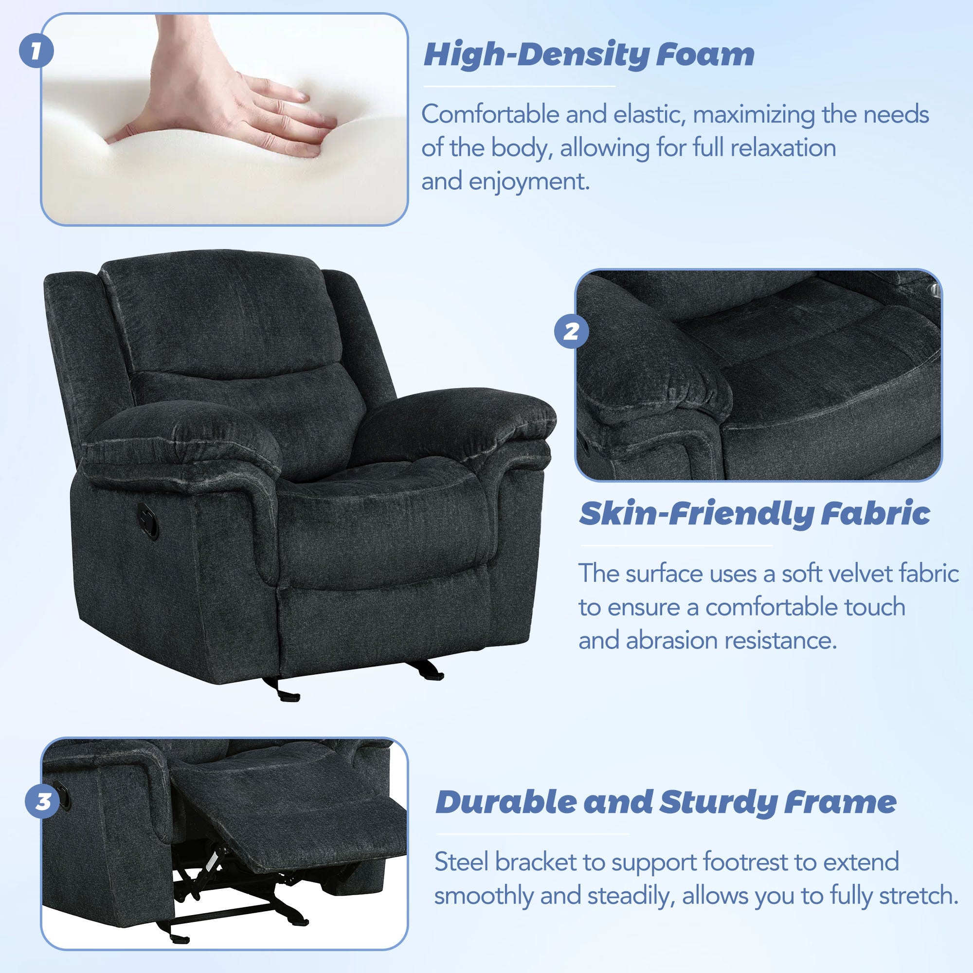 Dark Blue Manual Reclining Sofa with Storage A2163
