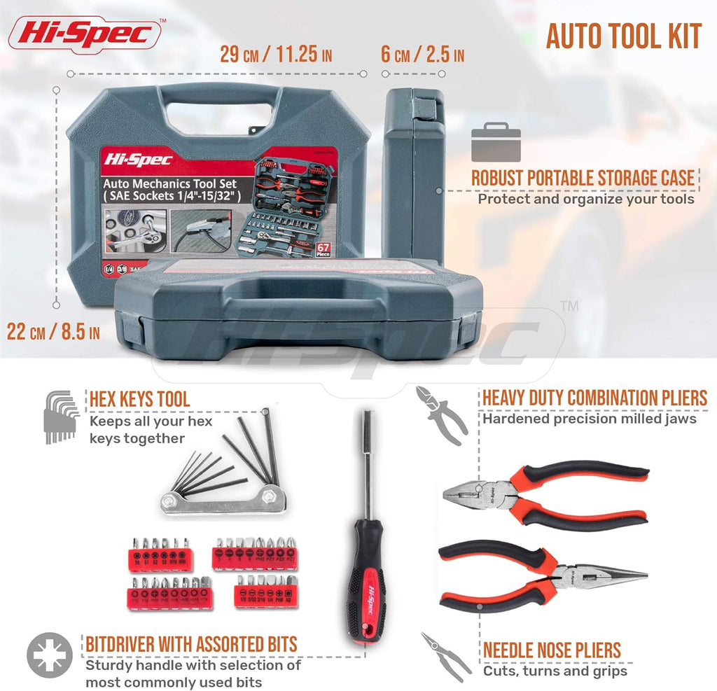 67 Piece Auto Mechanics Tool Kit with SAE Sockets, Ratchet Set and Tool Box H7860