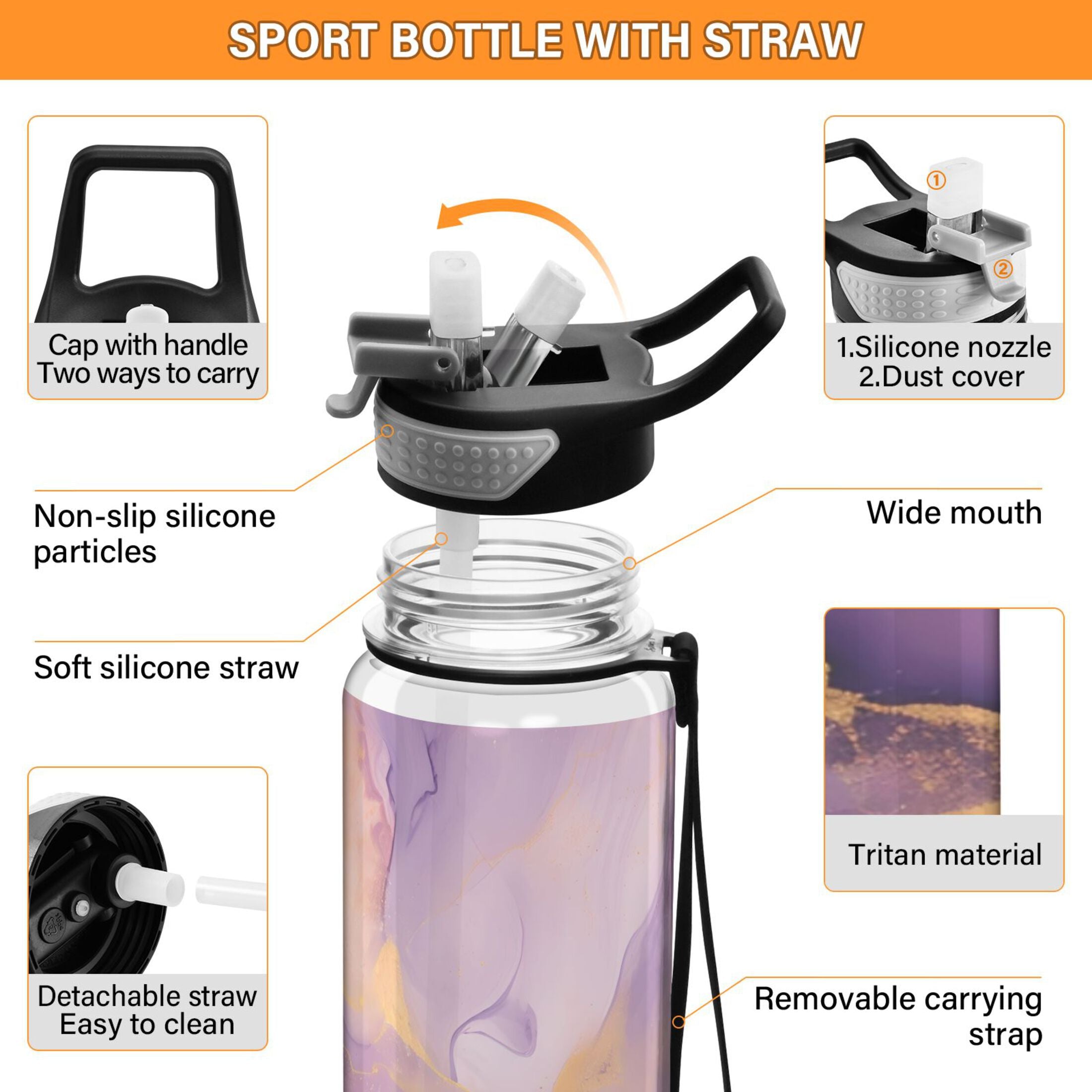 Purple and Gold Marble 32oz Tritan Leakproof Water Bottle with Straw L3750