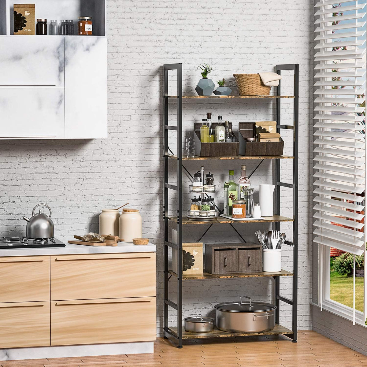 Rustic Brown 5 Tier Wooden and Metal Bookshelf C80106