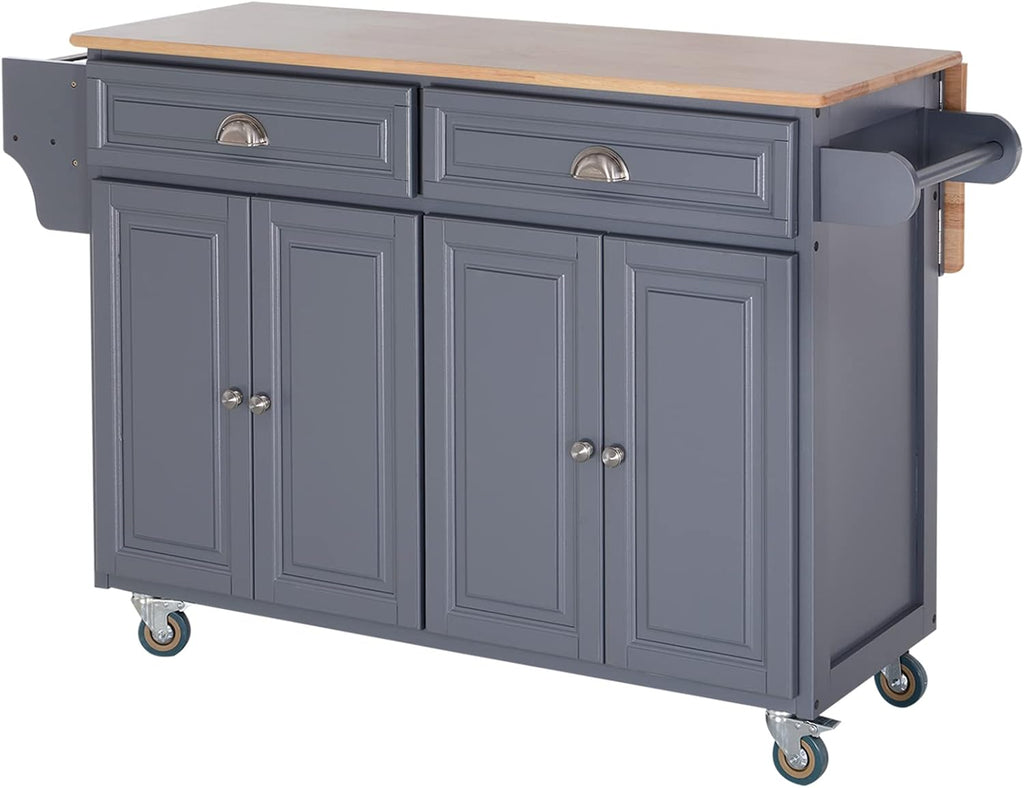 Grey Rolling Kitchen Island with Drop-Leaf and Rubber Wood Countertop H863557