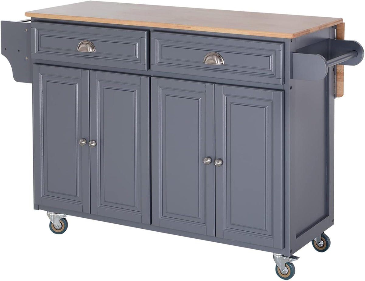 Grey Rolling Kitchen Island with Drop-Leaf and Rubber Wood Countertop H863557