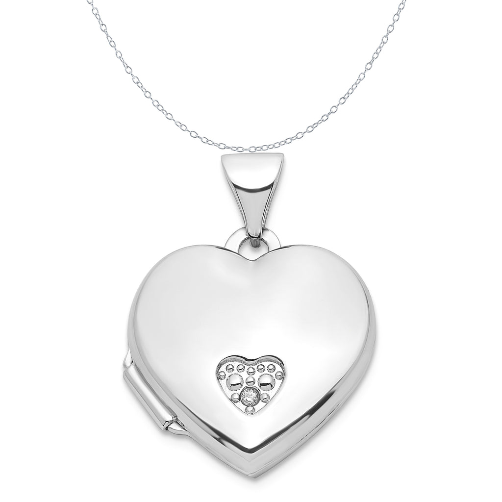 Sterling Silver Polished Rhodium-Plated CZ Heart Locket Pendant with Sterling Silver Cable Chain Necklace 20'' N398647