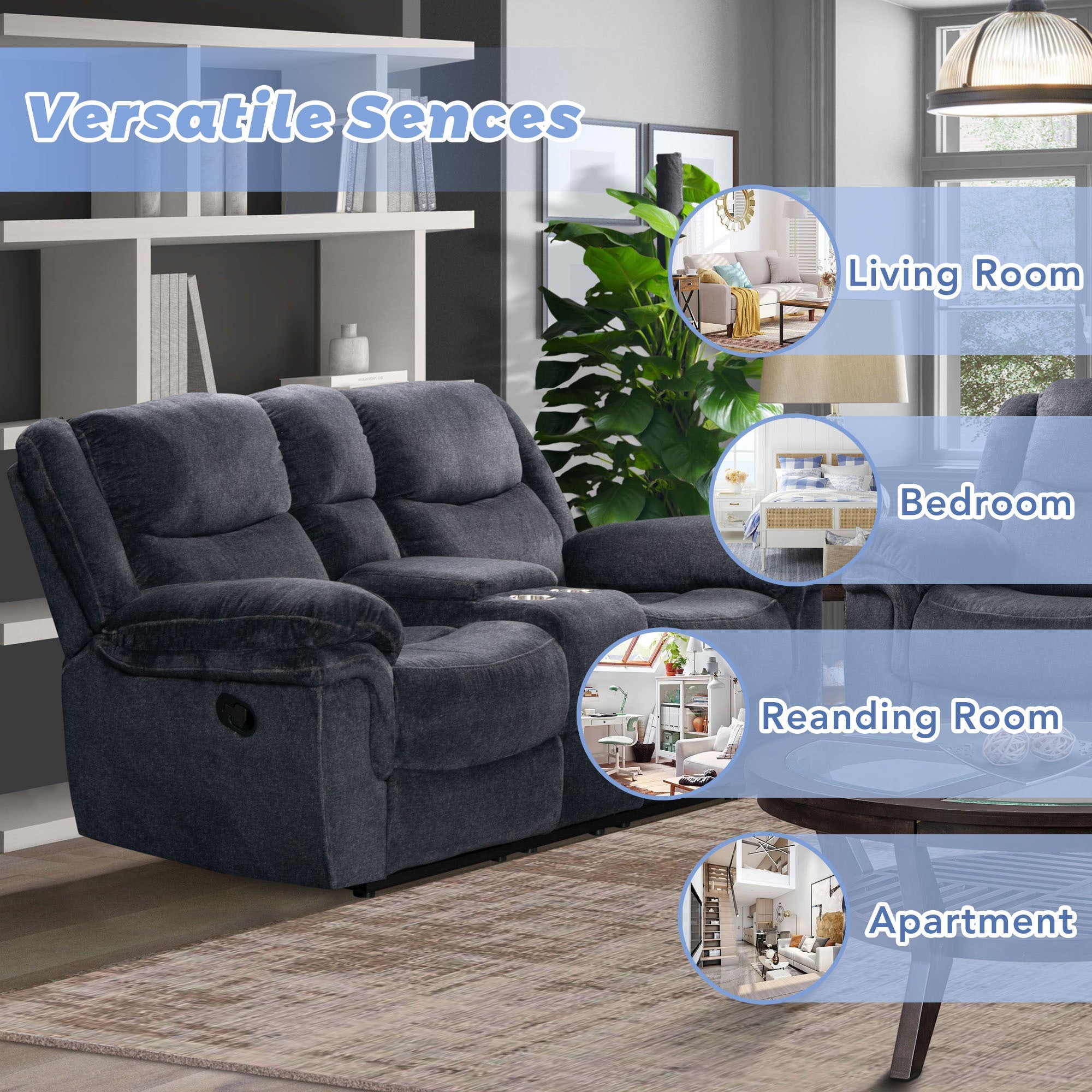 Dark Blue Manual Reclining Sofa with Storage A2163