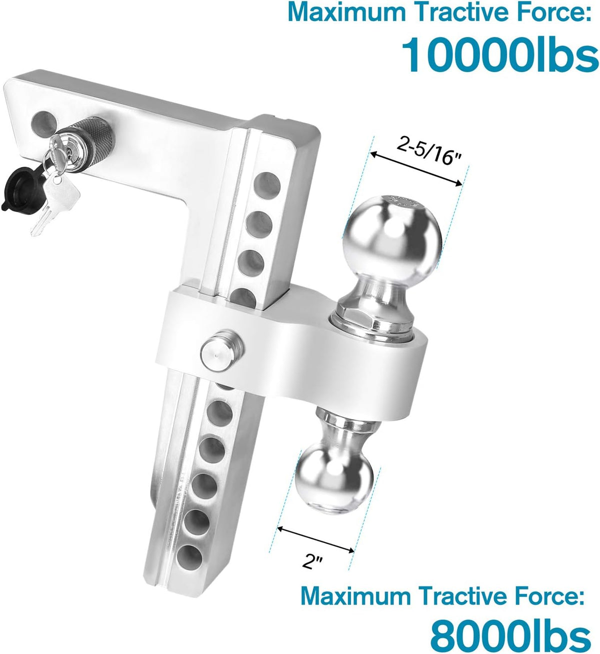 Dual Ball Mount Hitch Adjustable Drop/Rise, Aluminum Trailer Hitch, Fits 2" Receiver with Pin Lock (10 inch) S1802