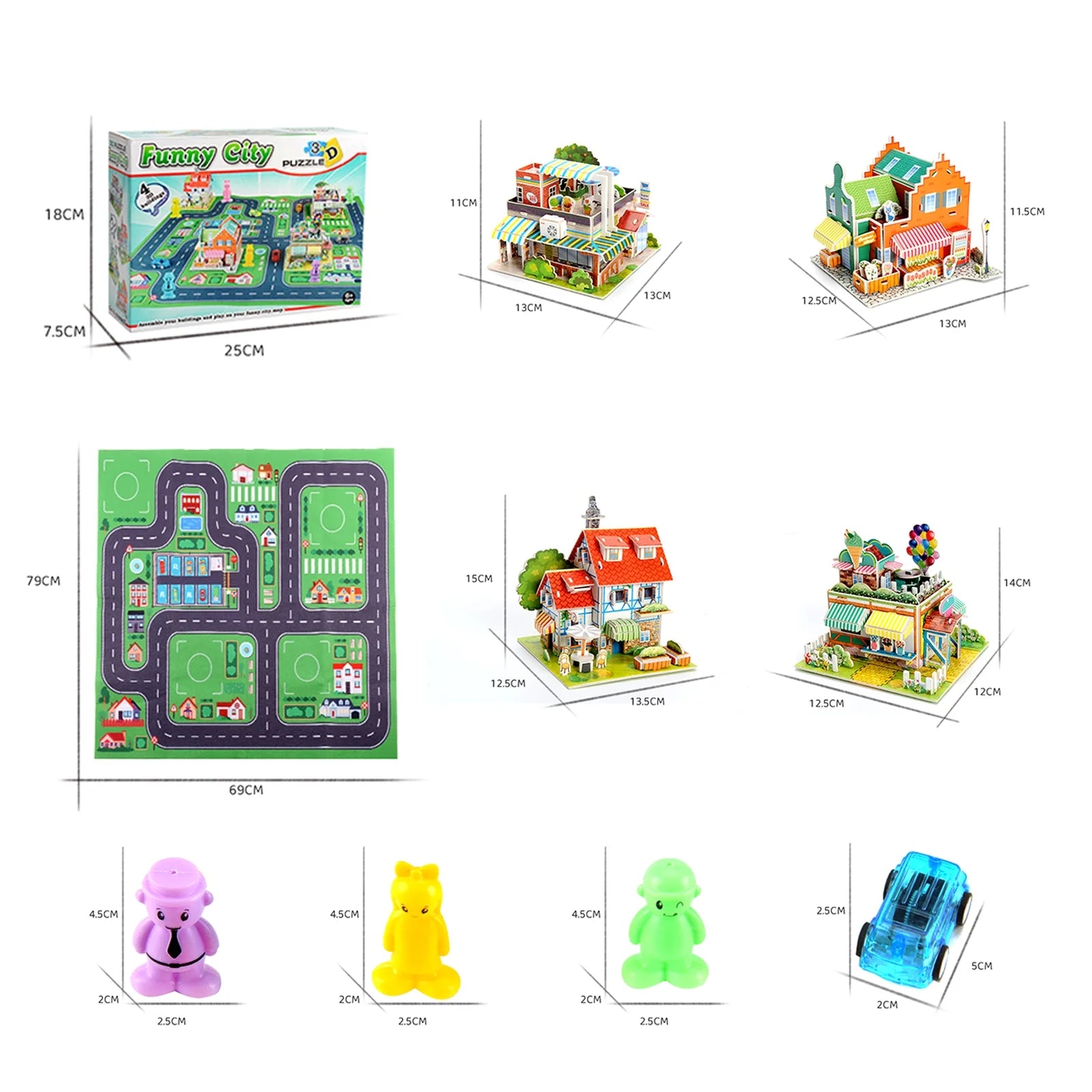 6 Cartoon Character Toys & 5 Toy Cars, 4 * 3D Puzzle Building Blocks Set K59384