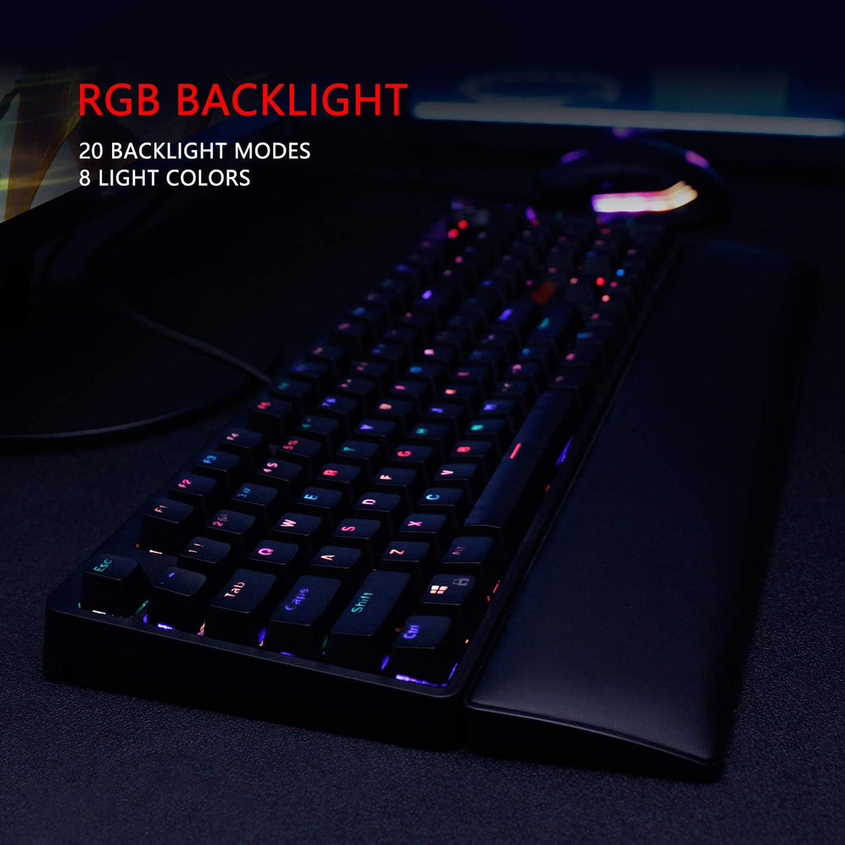 RedThunder K55 Mechanical Gaming Keyboard, Quiet Red Switch, Chroma RGB Lighting, Soft Leather Wrist-Rest, Standard Full Size Wired Keyboard with Dedicated Media Keys & Dial for PC M3051