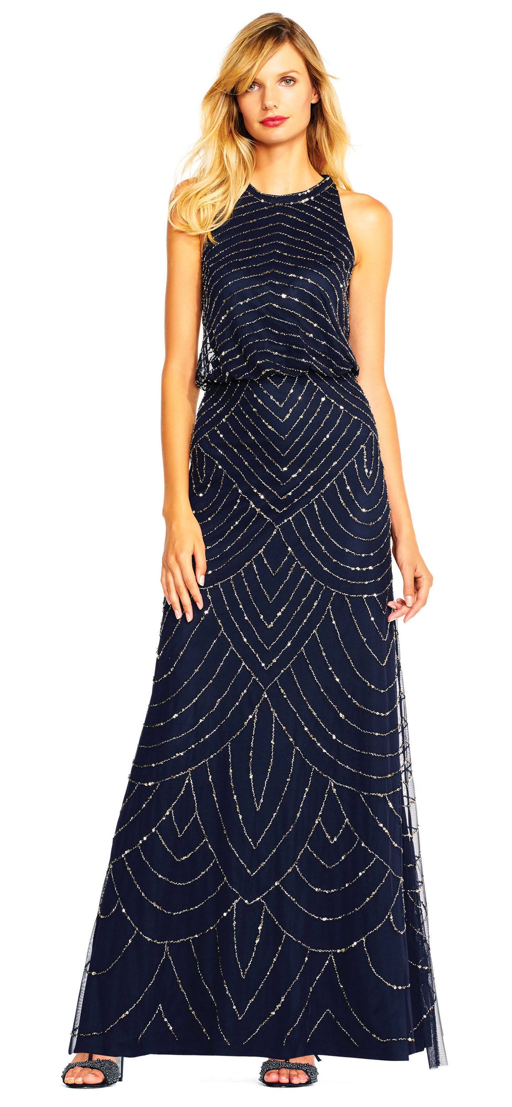 Navy Scalloped Beaded Blouson Gown T8951
