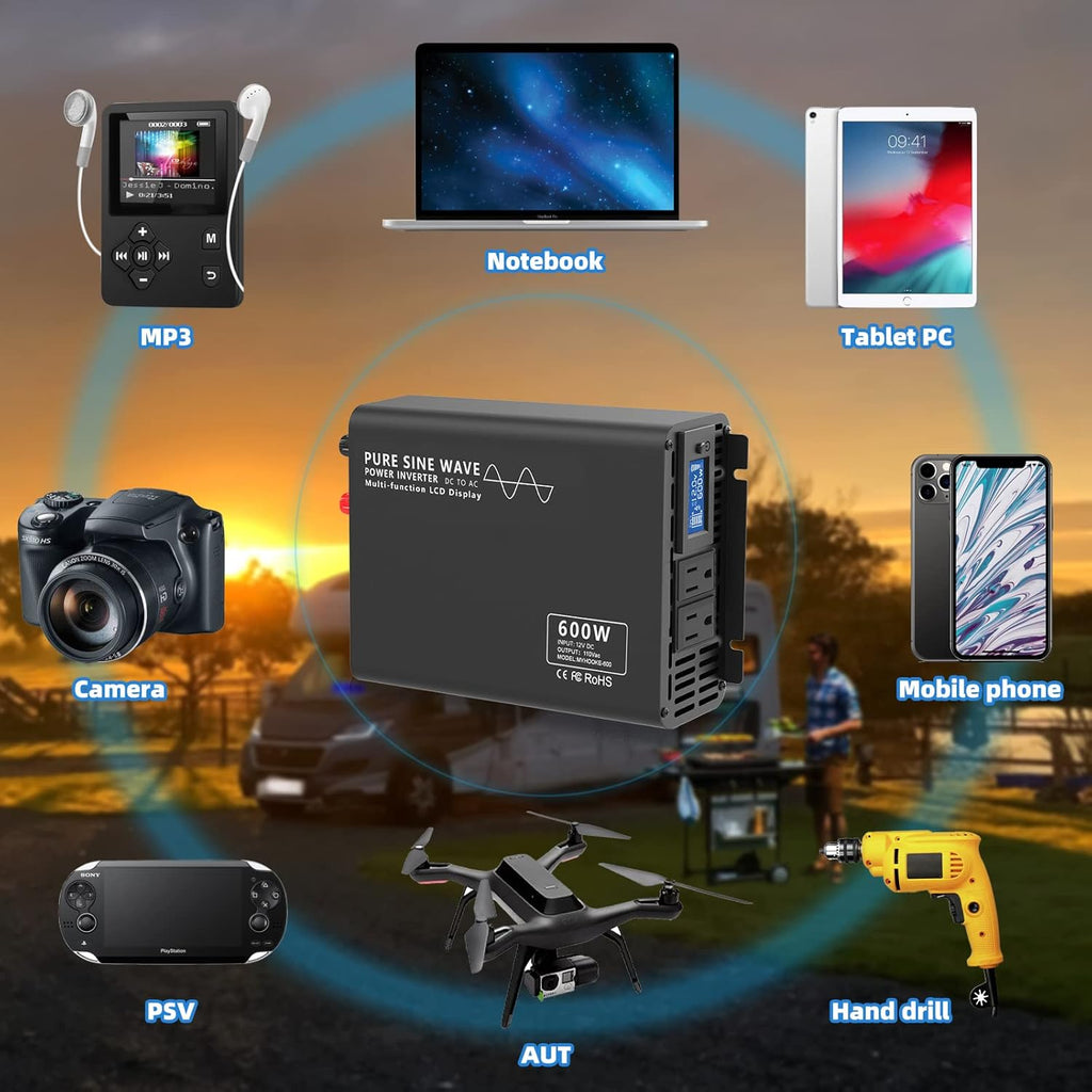 600W Pure Sine Wave Power Inverter DC 12V to AC 110V-130V with LCD Display and Wireless Remote Control U2671