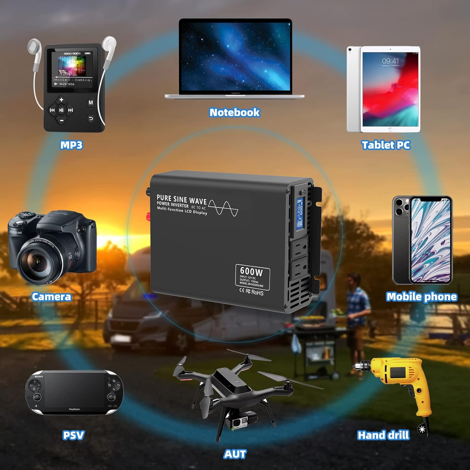 600W Pure Sine Wave Power Inverter DC 12V to AC 110V-130V with LCD Display and Wireless Remote Control U2671