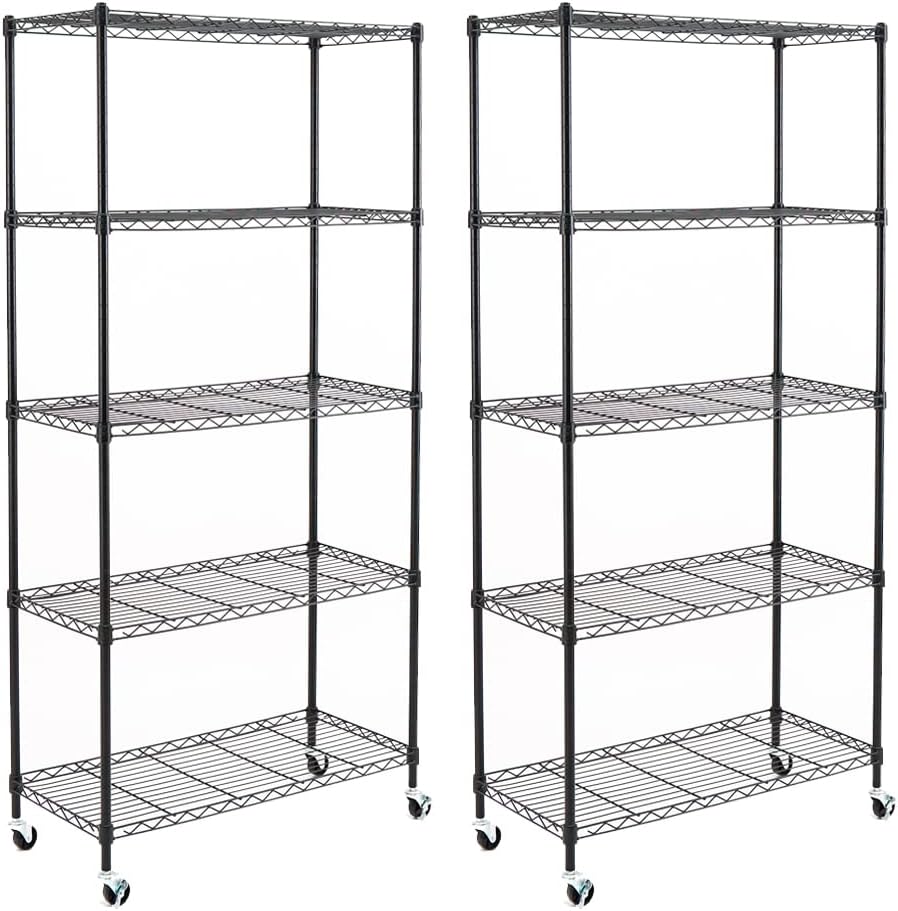 2-Pack 5-Shelf Adjustable Carbon Steel Wire Shelving Units on Wheels, Black H31091