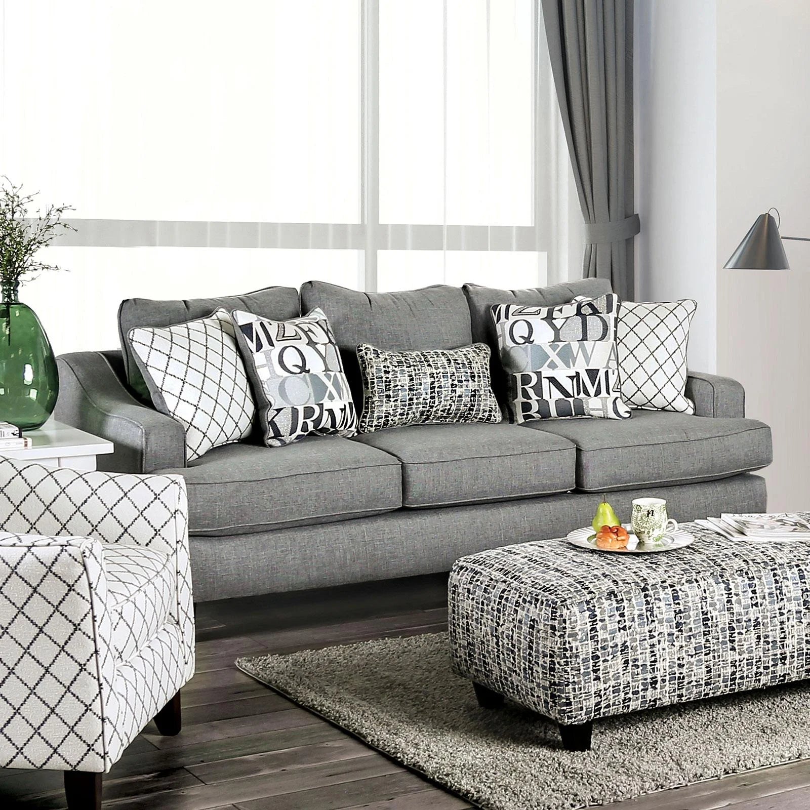 Bluish Gray Linen-like Fabric Living Room Set 3pcs C4040