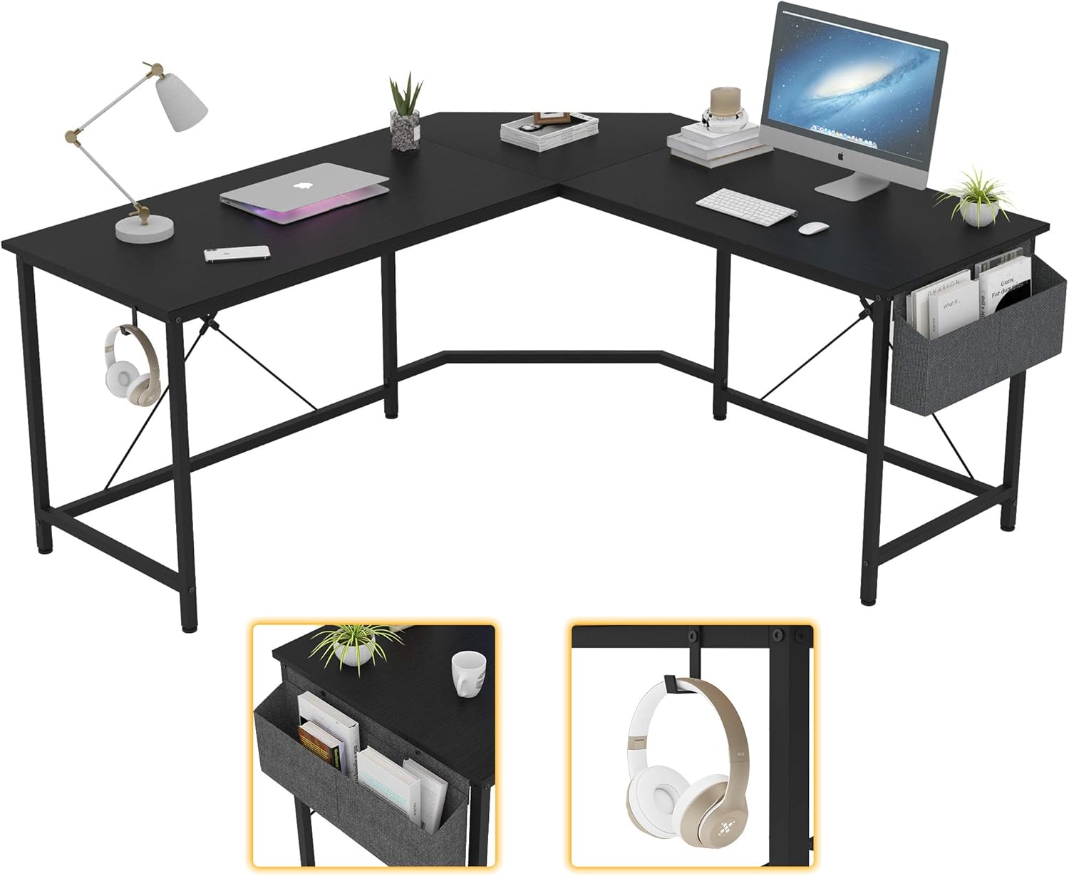 Black L Shaped Computer Corner Desk with Storage C972488