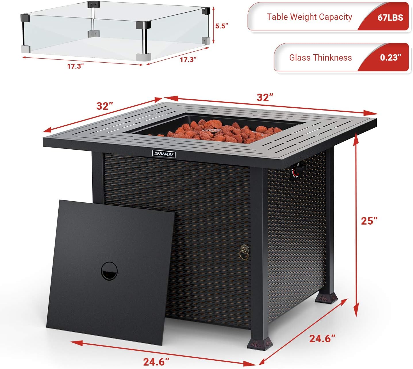 Propane Gas Fire Pit Table 50,000 BTU with Glass Wind Guard U114808