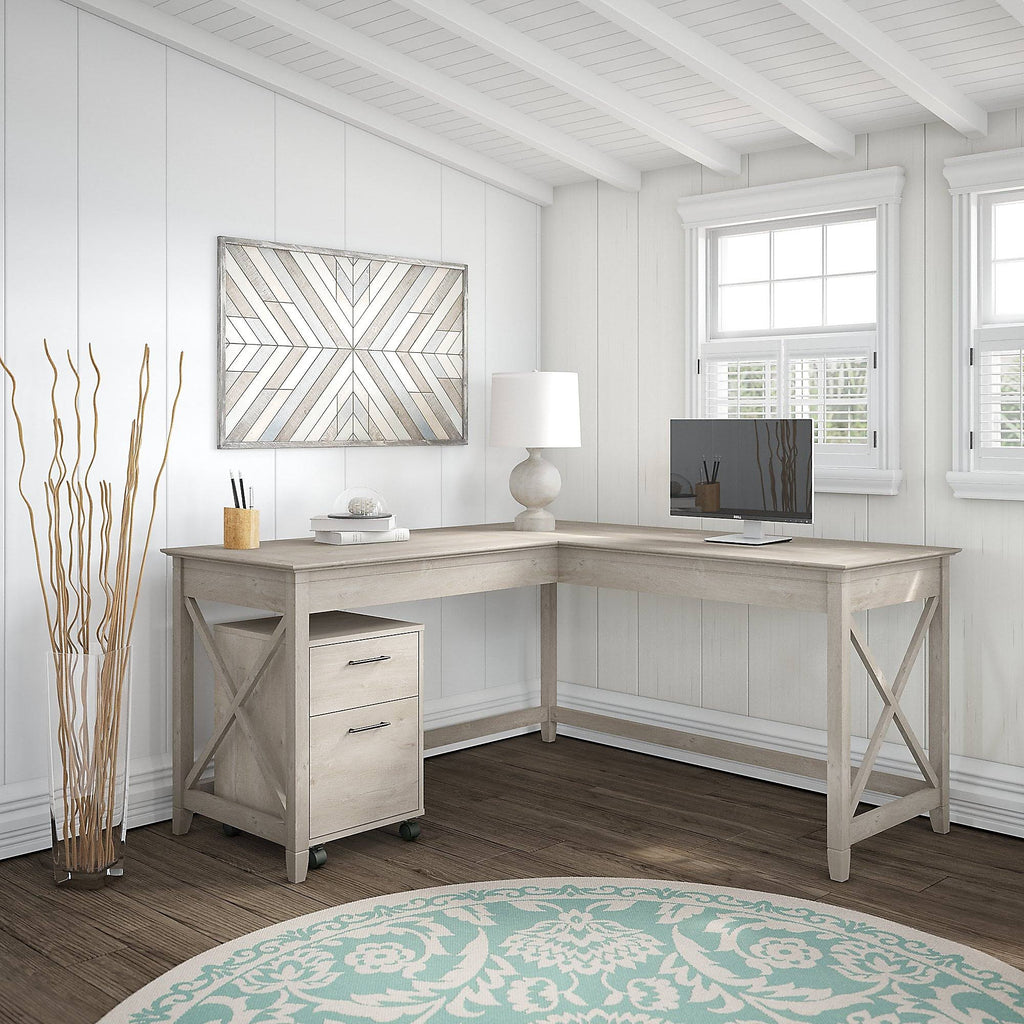60W L Shaped Desk with Mobile File Cabinet in Washed Gray L811