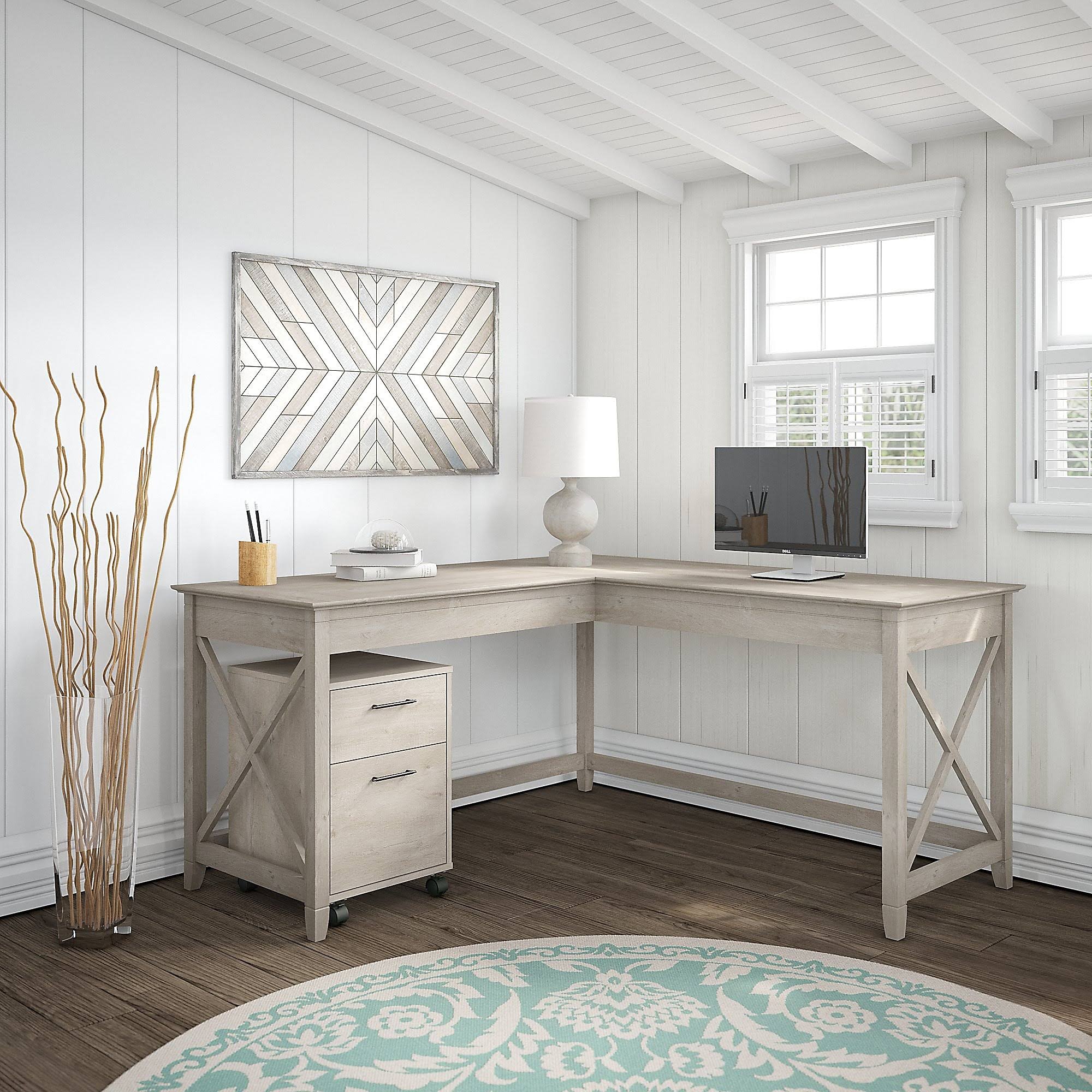 60W L Shaped Desk with Mobile File Cabinet in Washed Gray L811