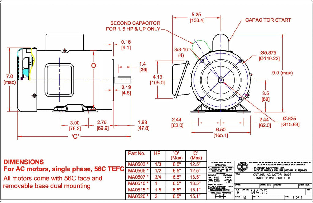 1/3 HP AC Motor, 3450RPM, 1 Phase, 115/230V I117