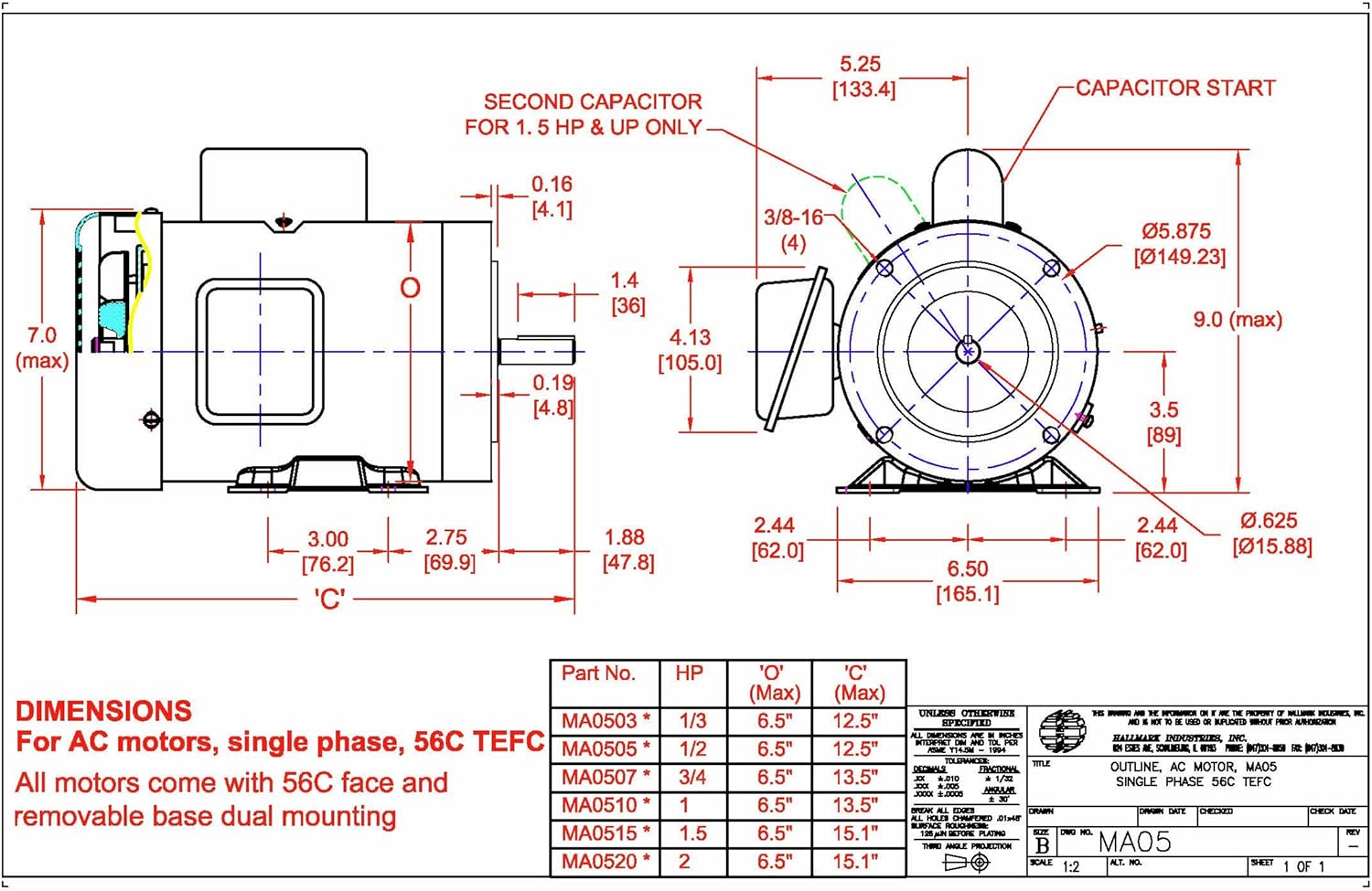 1/3 HP AC Motor, 3450RPM, 1 Phase, 115/230V I117