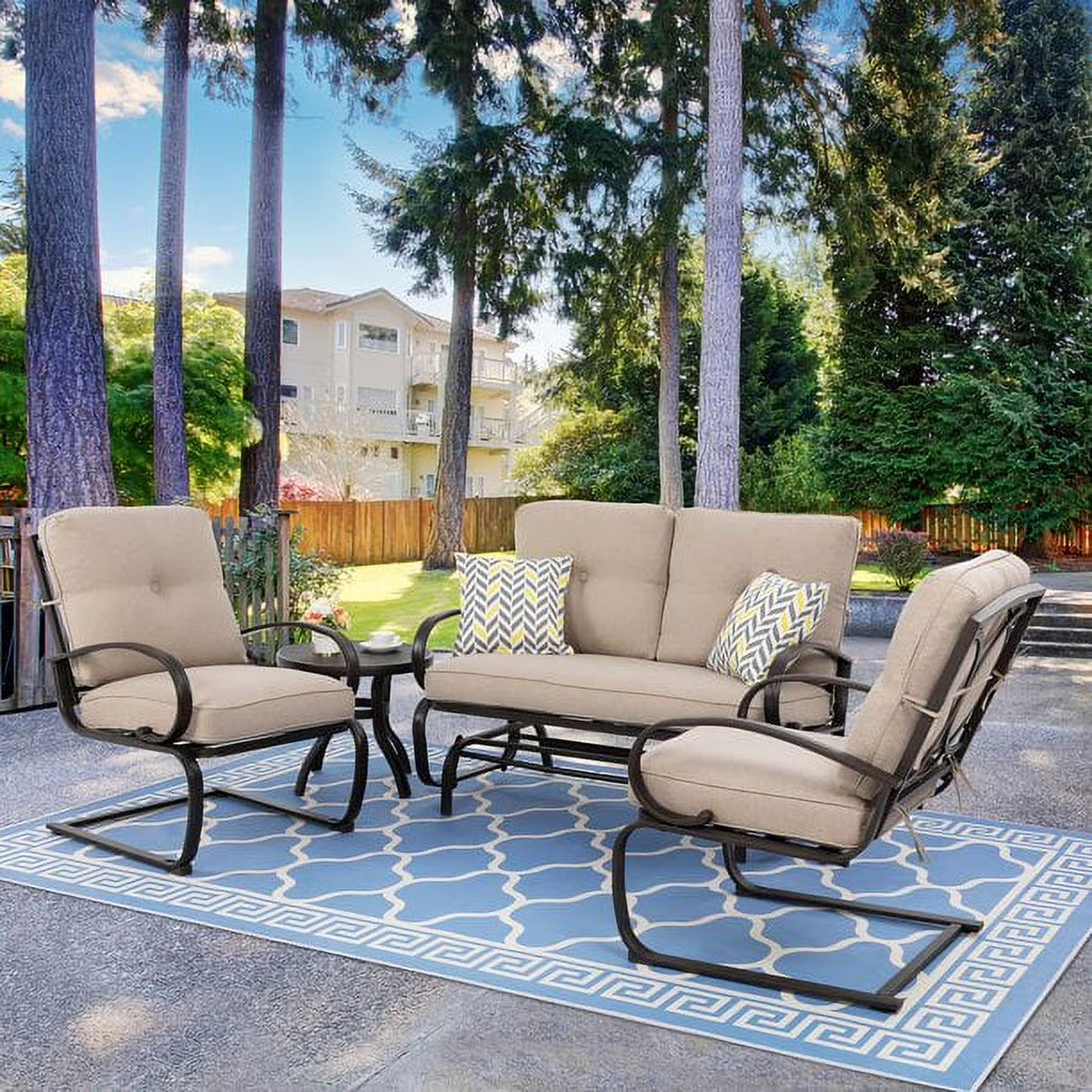Beige 4 Pieces Outdoor Patio Metal Conversation Set with Coffee Table V7978