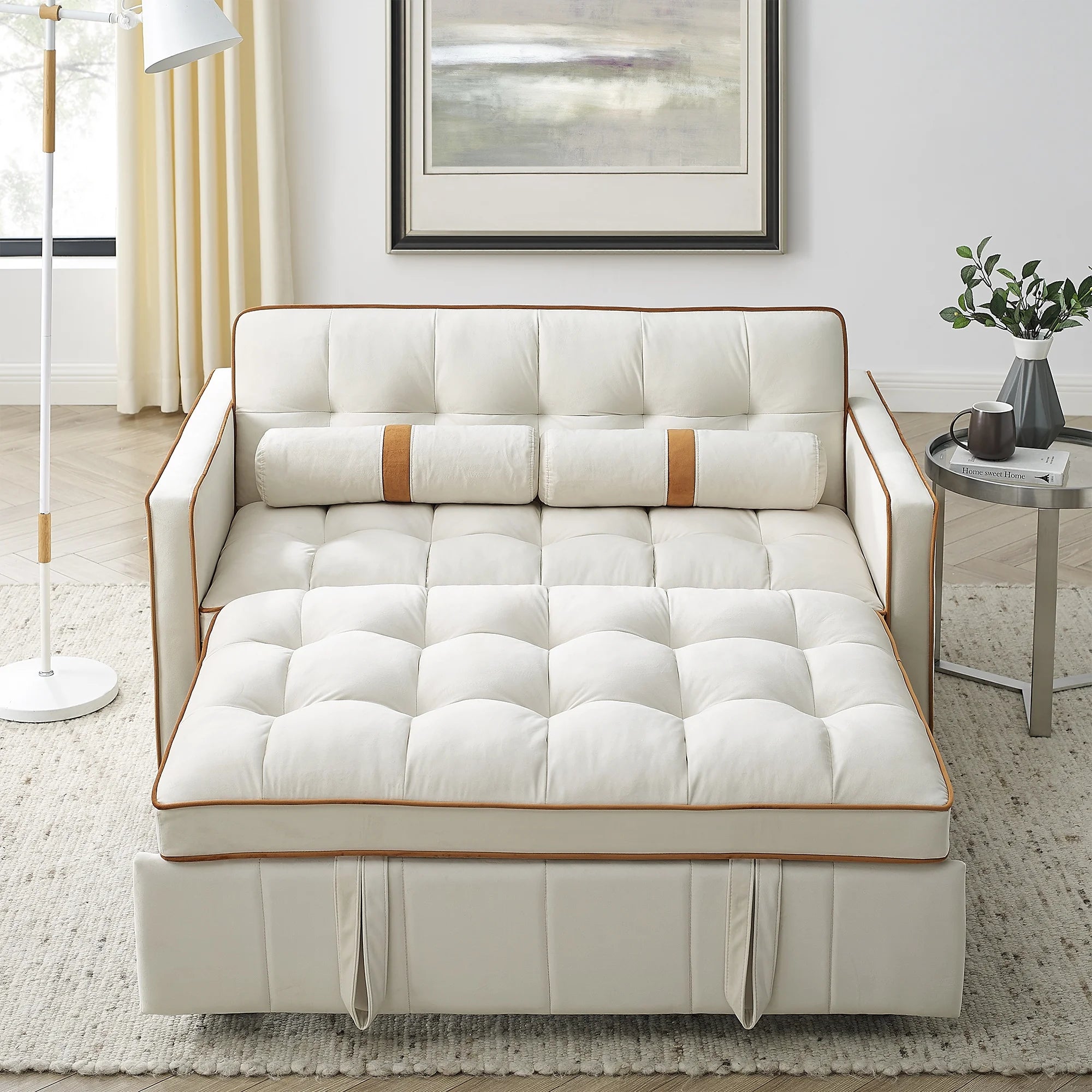 Beige 2 Seater Pull Out Sleep Sofa Bed with Side Pockets I37491