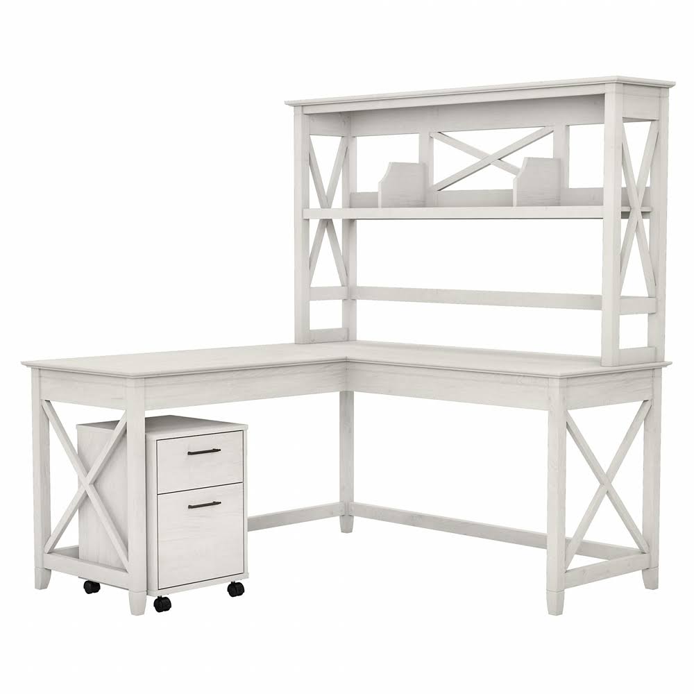 Linen White Oak L Shaped Desk with Hutch and 2 Drawer Mobile File Cabinet F28819