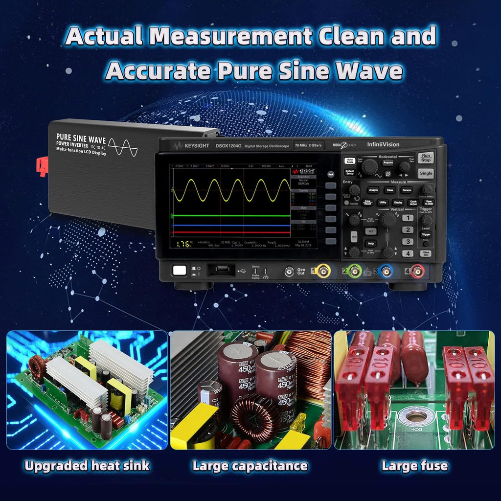 600W Pure Sine Wave Power Inverter DC 12V to AC 110V-130V with LCD Display and Wireless Remote Control U2671