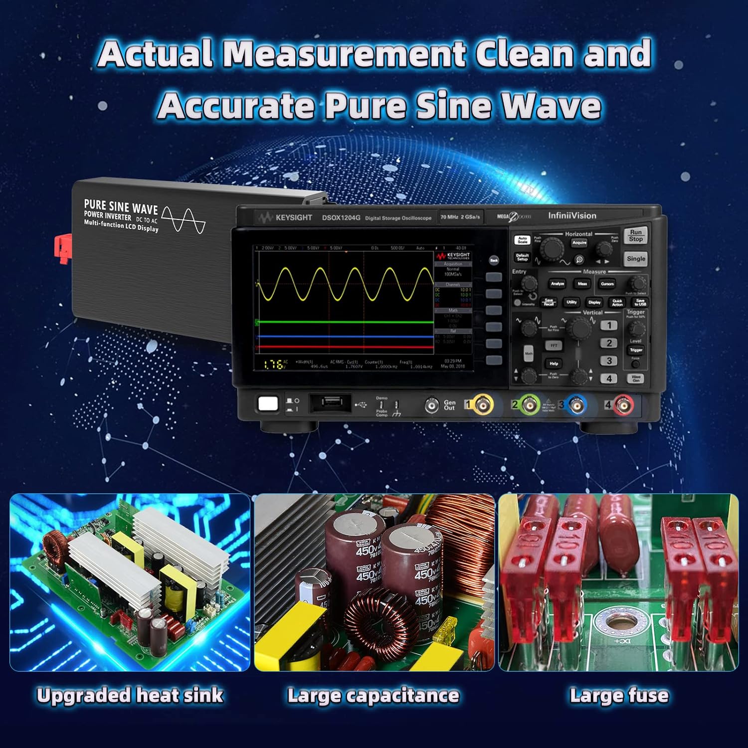 600W Pure Sine Wave Power Inverter DC 12V to AC 110V-130V with LCD Display and Wireless Remote Control U2671