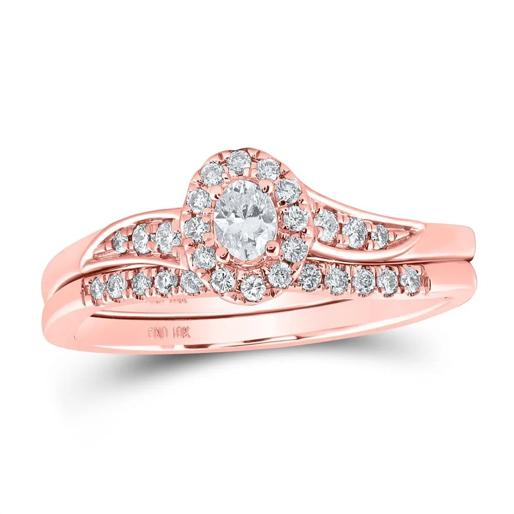 10kt Rose Gold Oval Diamond Halo Bridal Ring Set 1/3 Cttw Size 7.5 X27969