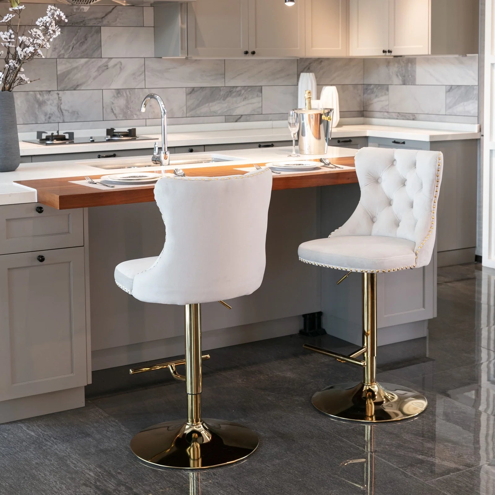 Beige Velvet Swivel Bar Stools Set of 2 with Back G453420