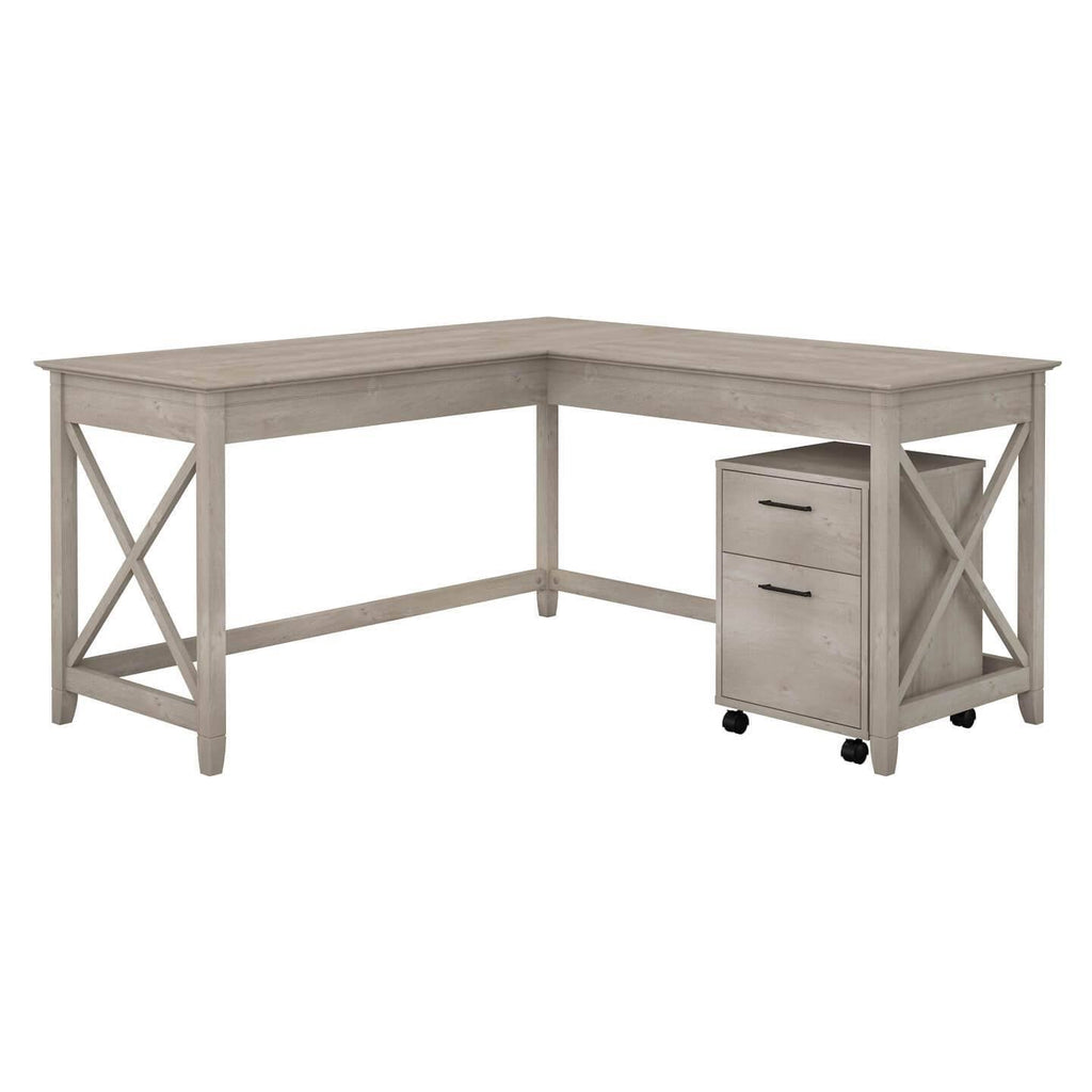 60W L Shaped Desk with Mobile File Cabinet in Washed Gray L811