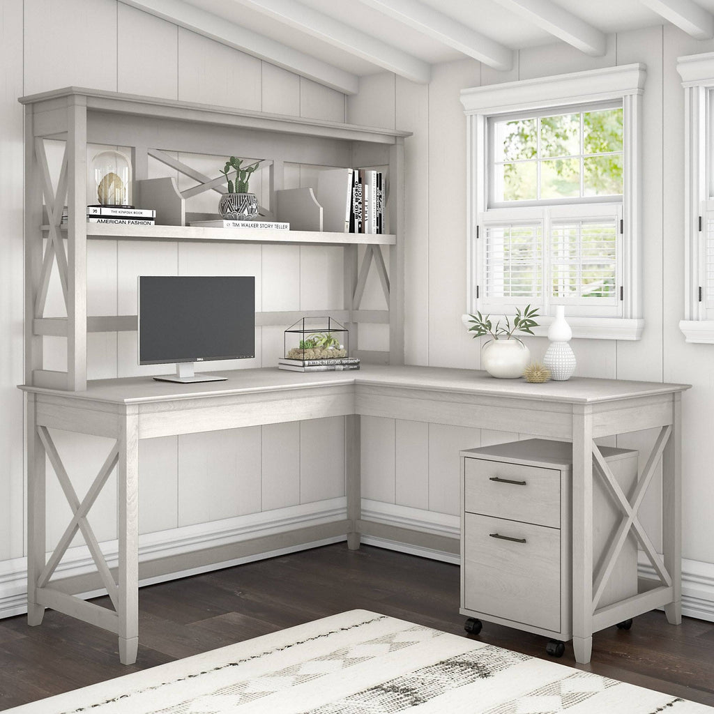 Linen White Oak L Shaped Desk with Hutch and 2 Drawer Mobile File Cabinet F28819