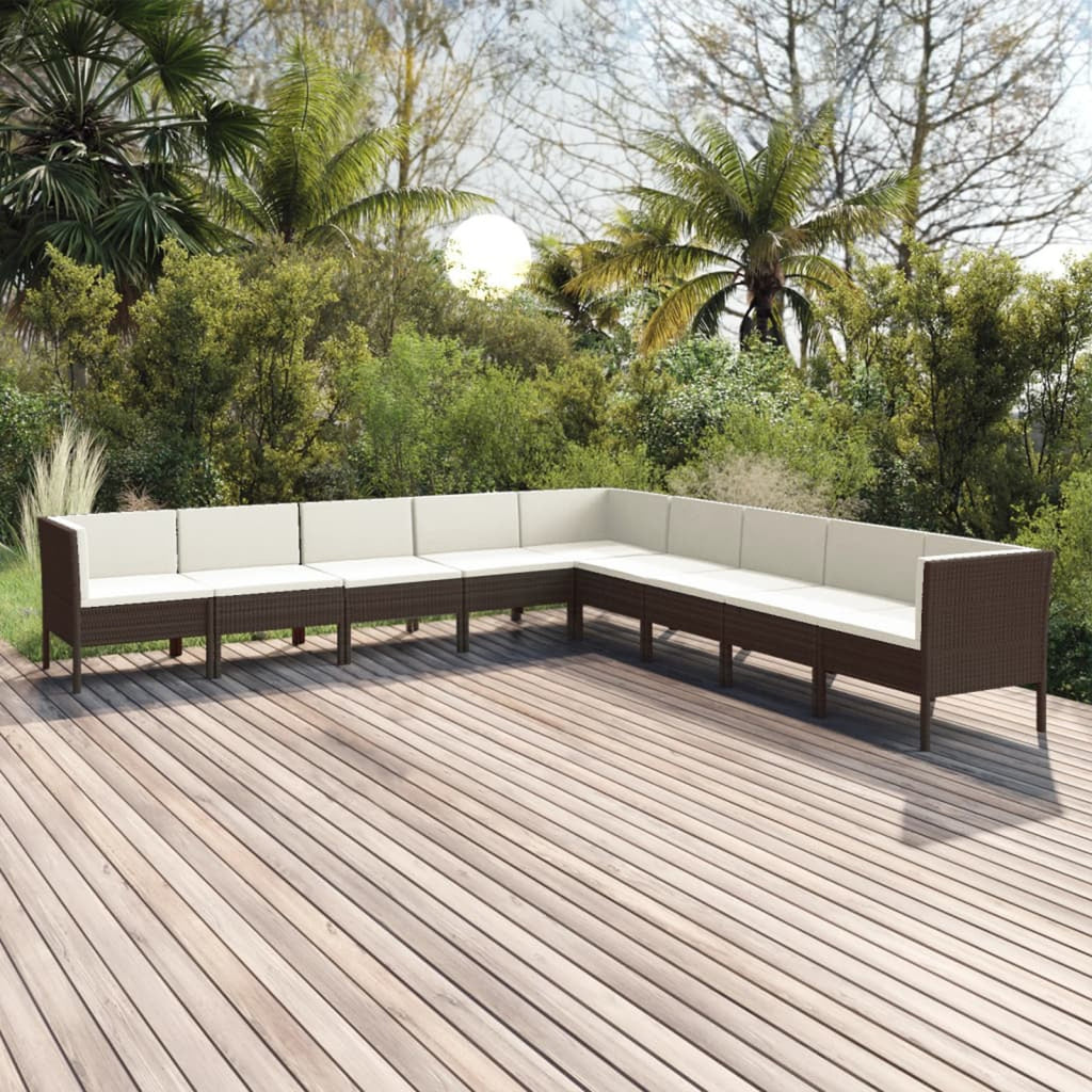 9 Piece Cream White Cushion Brown Poly Rattan Patio Lounge Set J24917