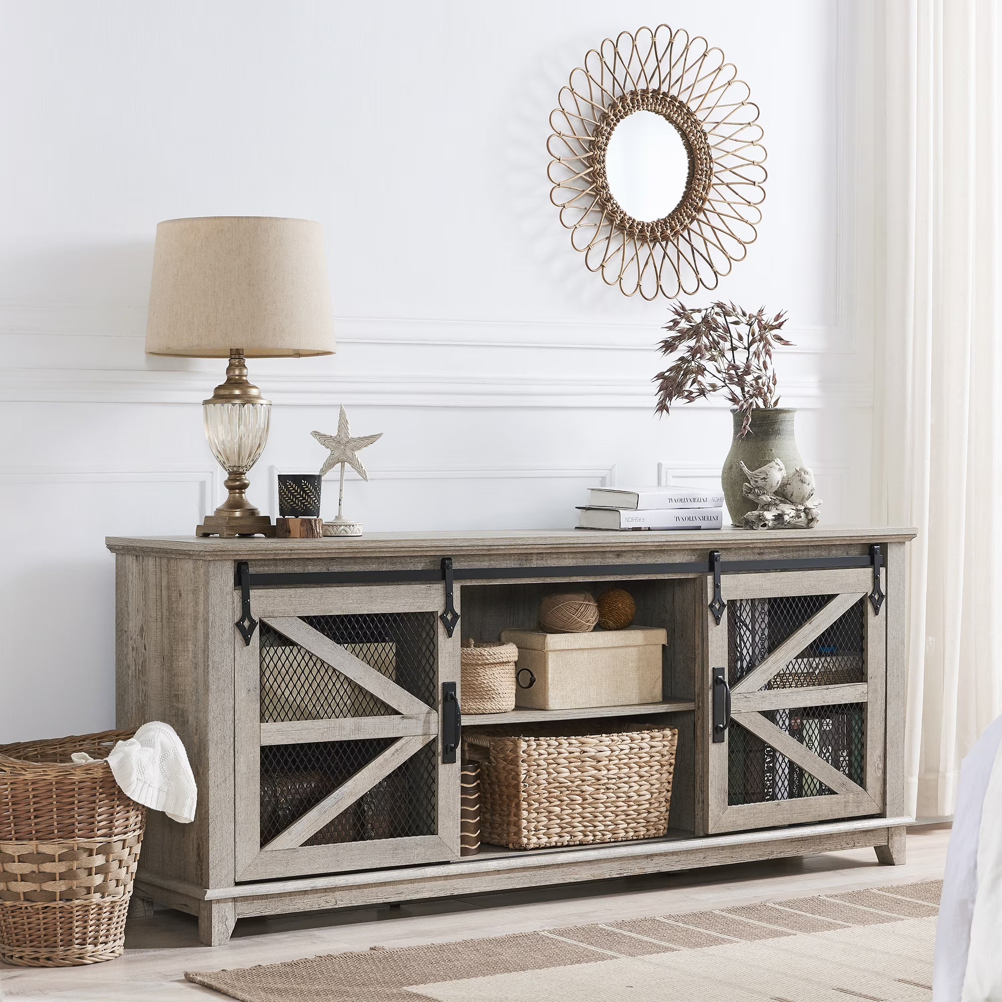 Farmhouse TV Stand with Sliding Barn Door D884
