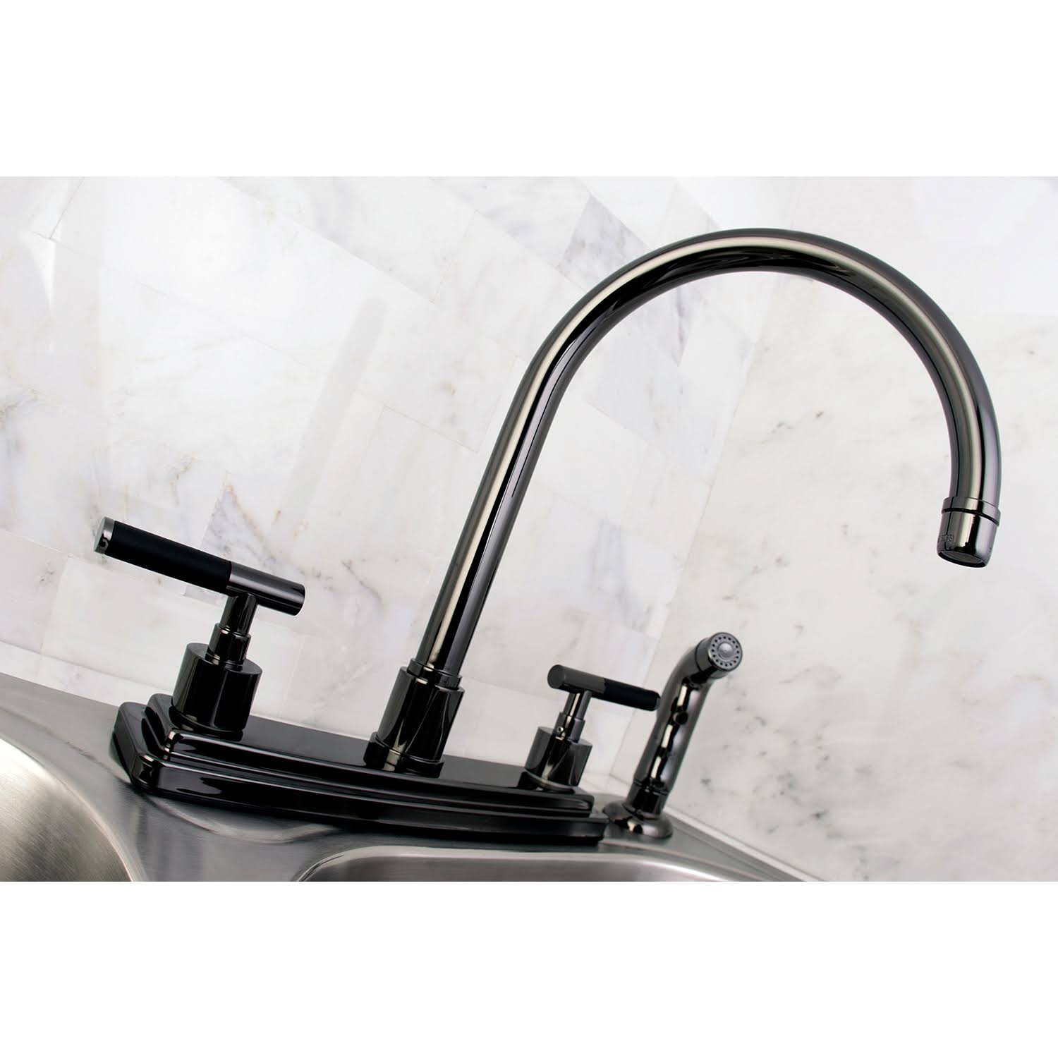 Water Onyx Black Nickel 8x22 Centerset Kitchen Faucet with Lever Handles and Matching Side Sprayer M1791