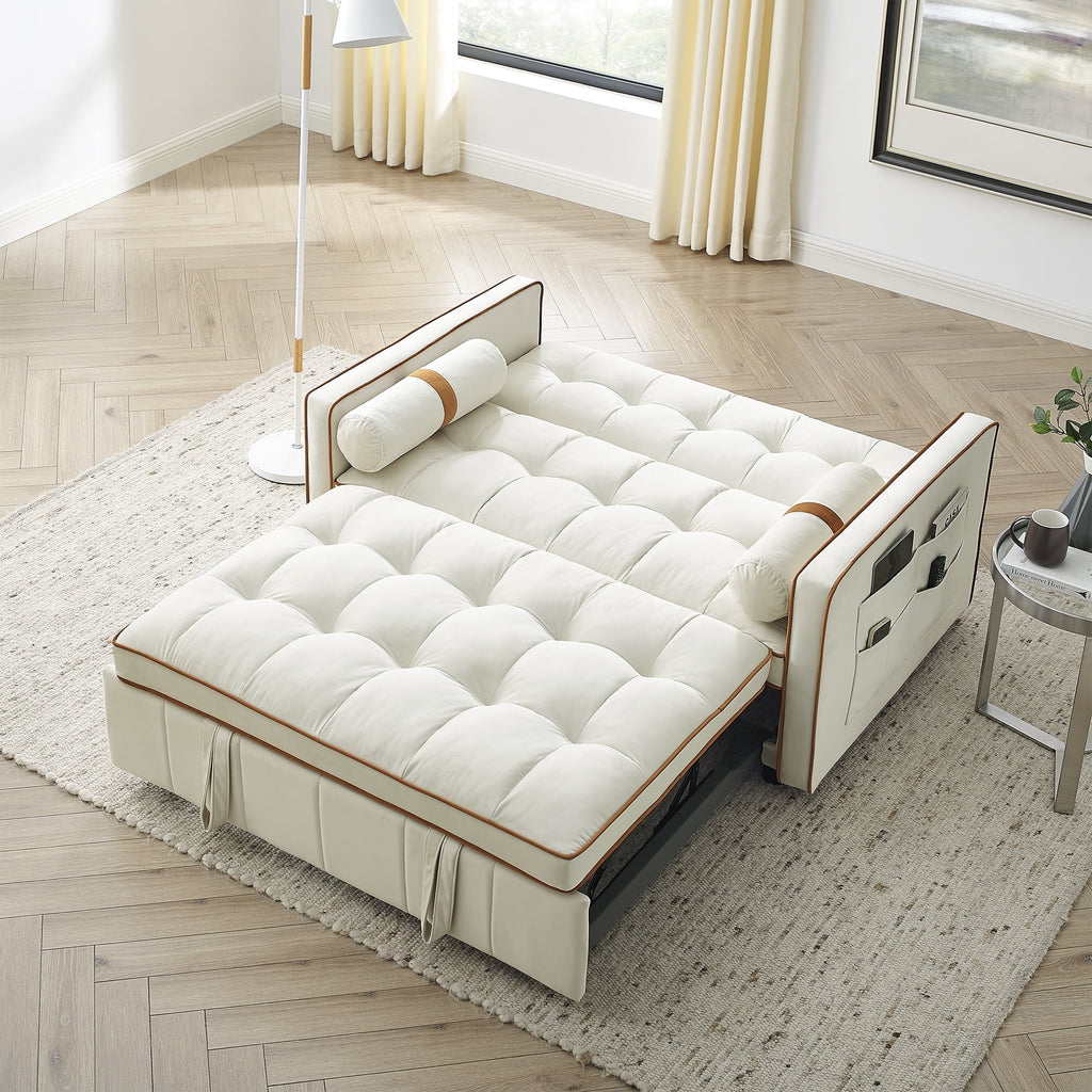Beige 2 Seater Pull Out Sleep Sofa Bed with Side Pockets I37491