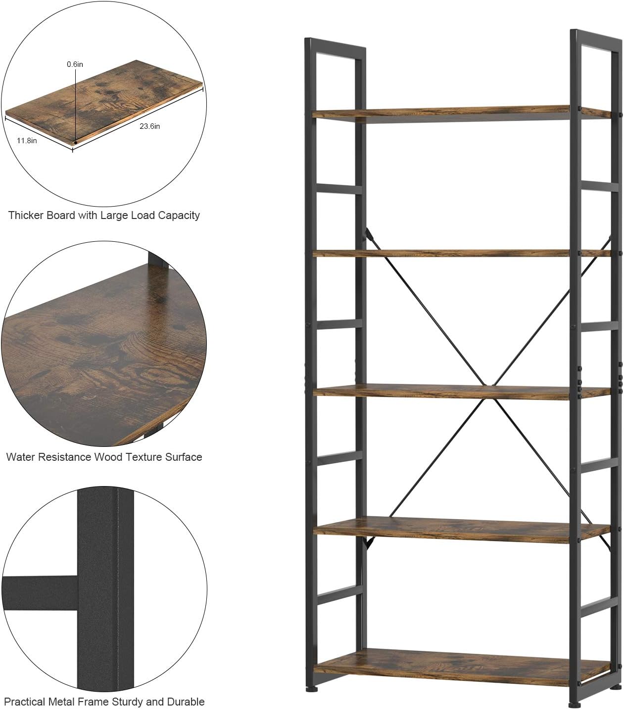 Rustic Brown 5 Tier Wooden and Metal Bookshelf C80106