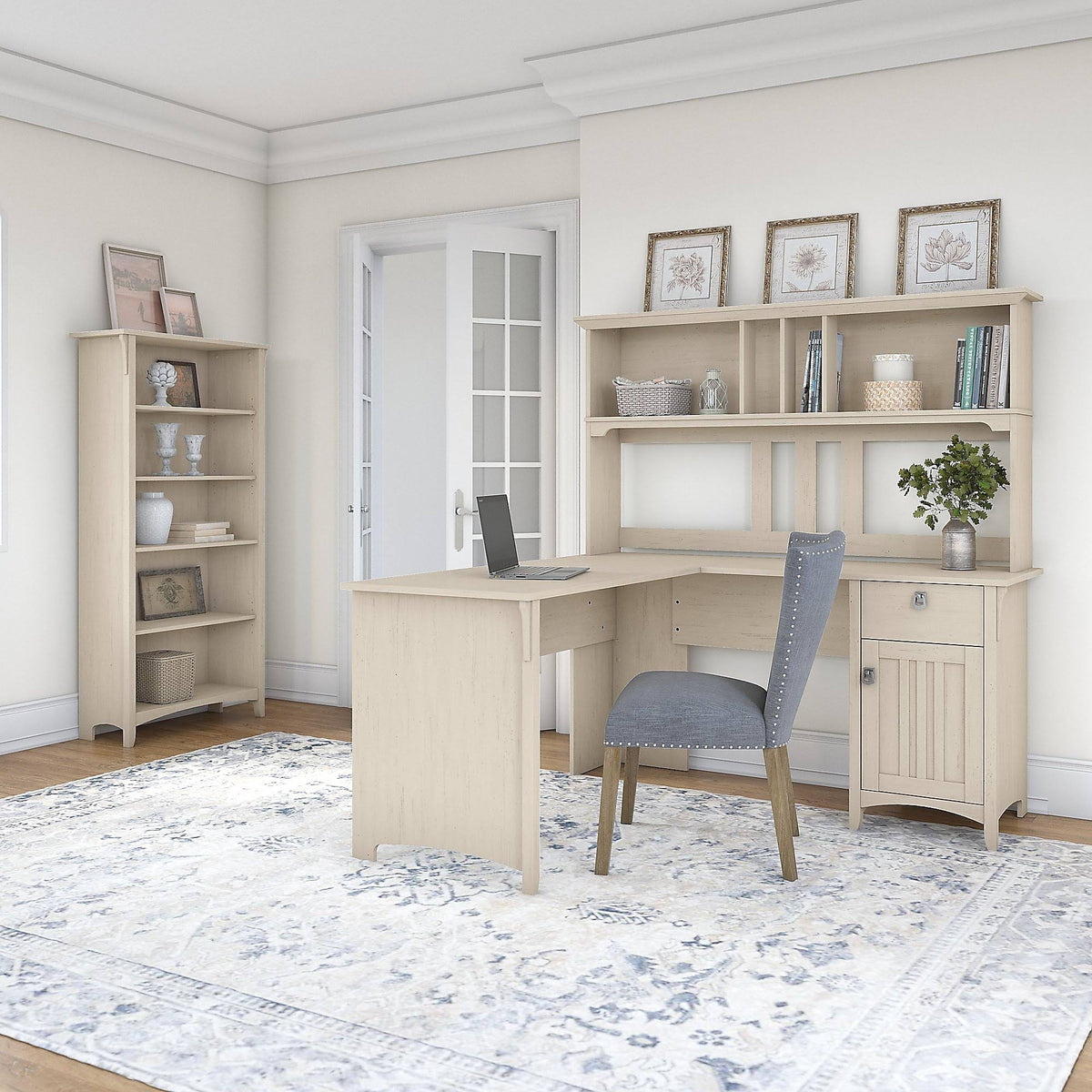 Antique White L Shaped Desk with Hutch and 5 Shelf Bookcase A96068