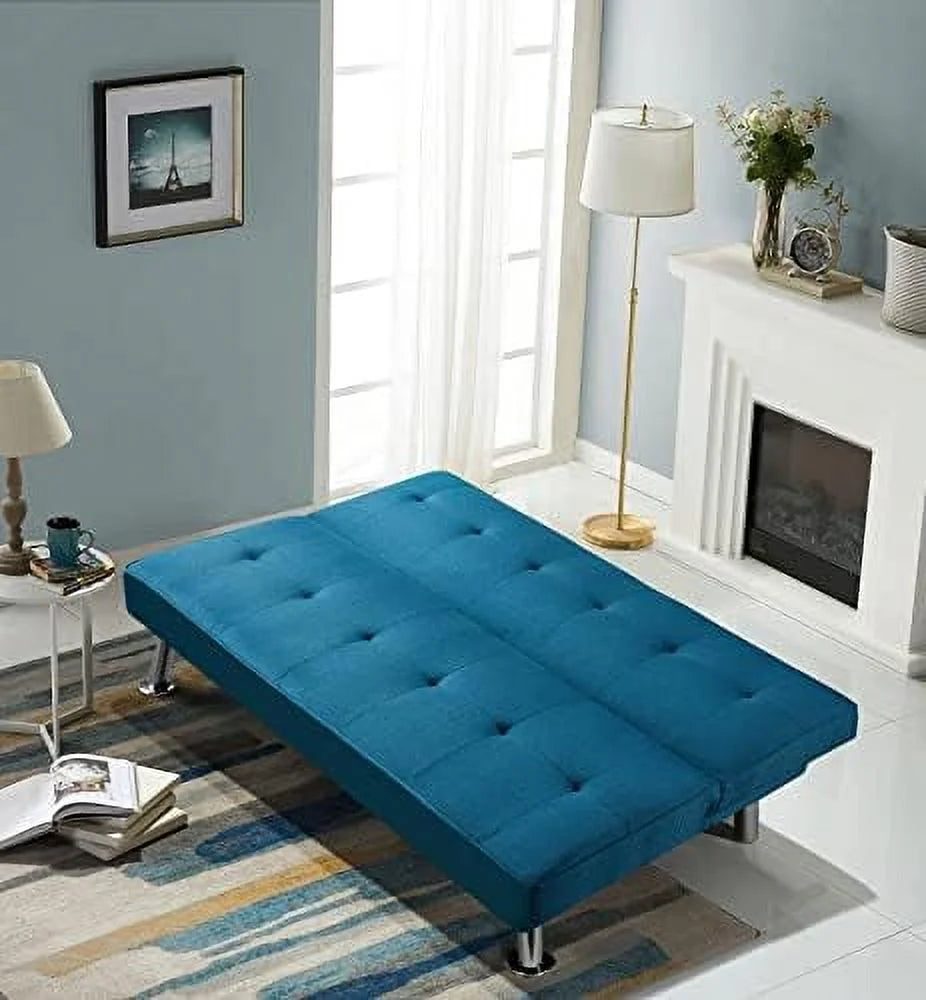 Convertible Futon Sofa Bed with 2 USB Charging Ports Fabric Loveseat Couch Metal Legs J90342