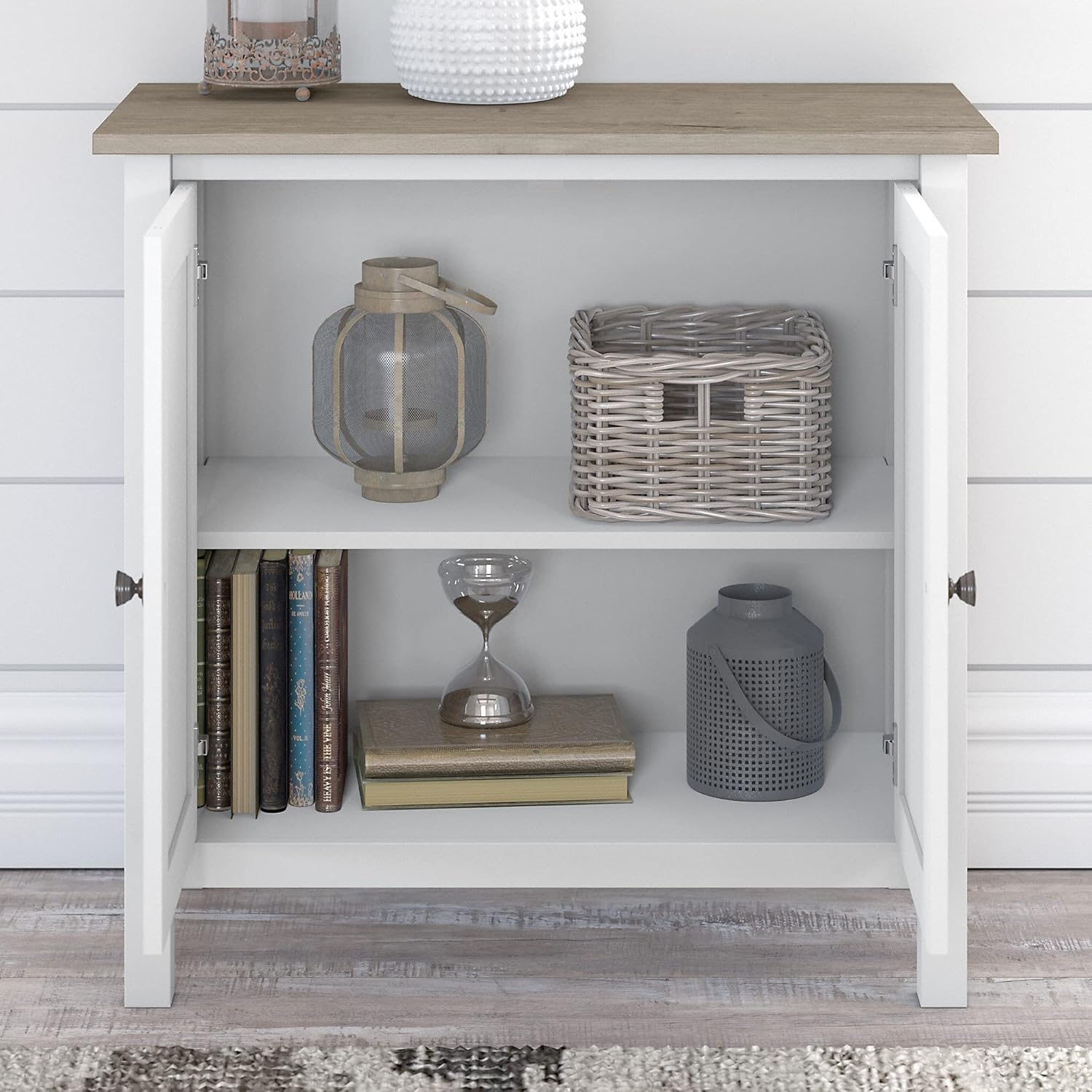 Pure White and Shiplap Gray Accent Storage Cabinet with Doors V16189