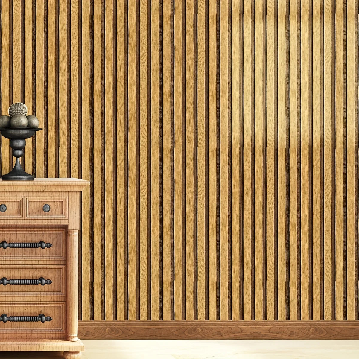 Glossy Light Brown Wood Grain Stripe Peel And Stick Wallpaper S4140