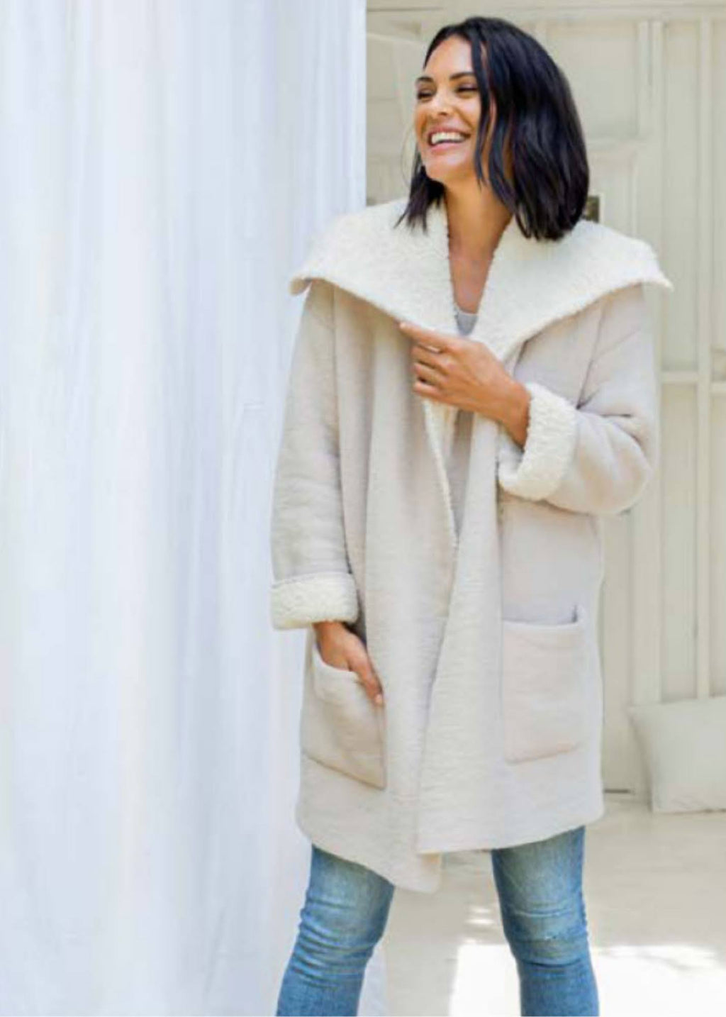 Stone Cream Shearling Drape Car Coat X8016