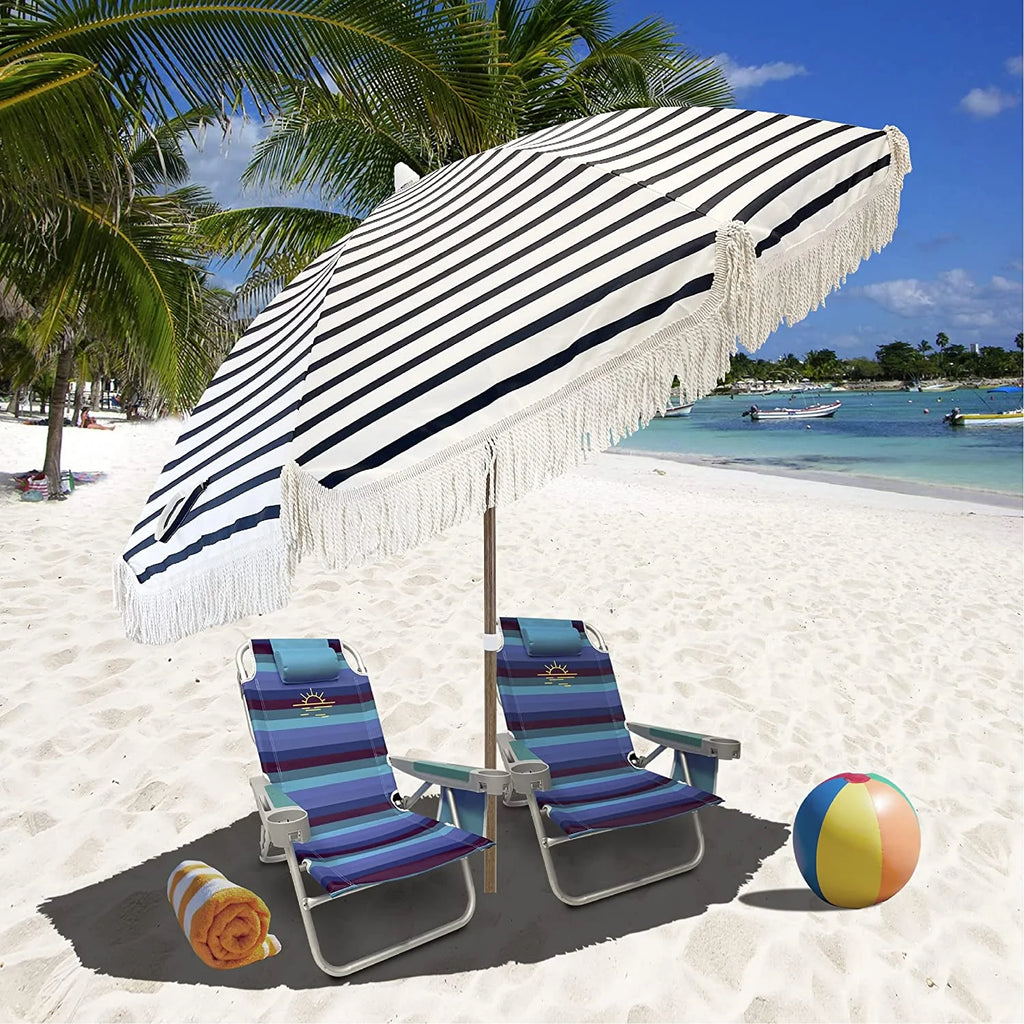 Tassel Beach Umbrella 7 Foot Wood Grain Steel Pole Tilt Function Carry Bag S722