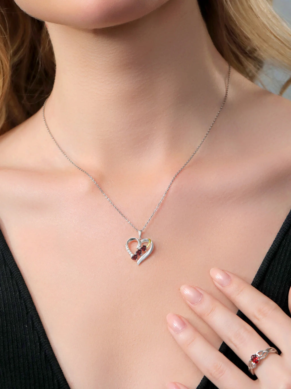 Red Garnet and White Lab Grown Diamond Pendant Necklace with 18 inch Silver Chain A335