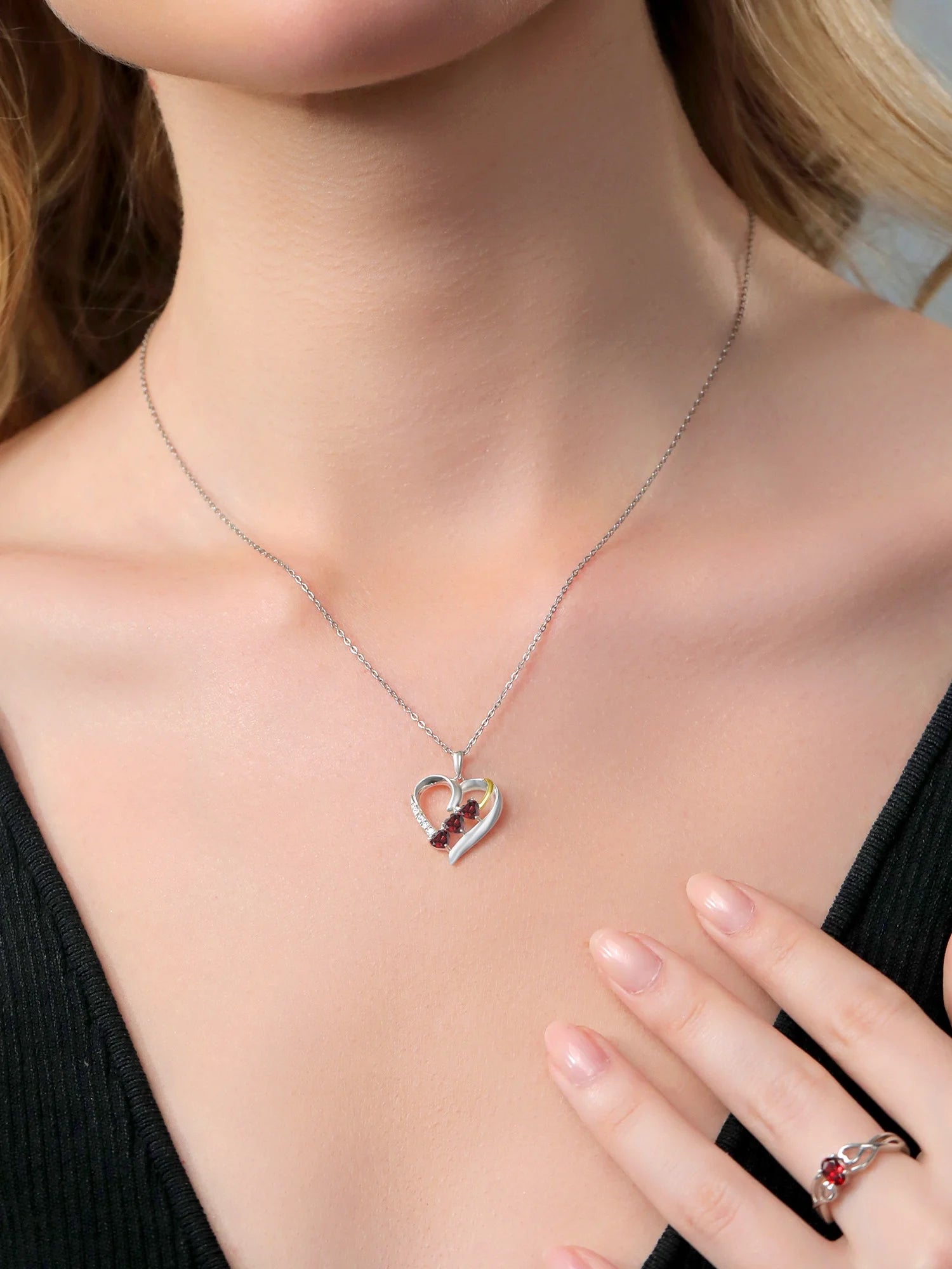 Red Garnet and White Lab Grown Diamond Pendant Necklace with 18 inch Silver Chain A335