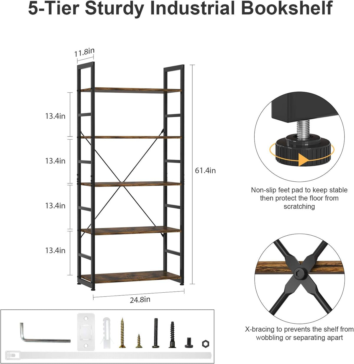 Rustic Brown 5 Tier Wooden and Metal Bookshelf C80106