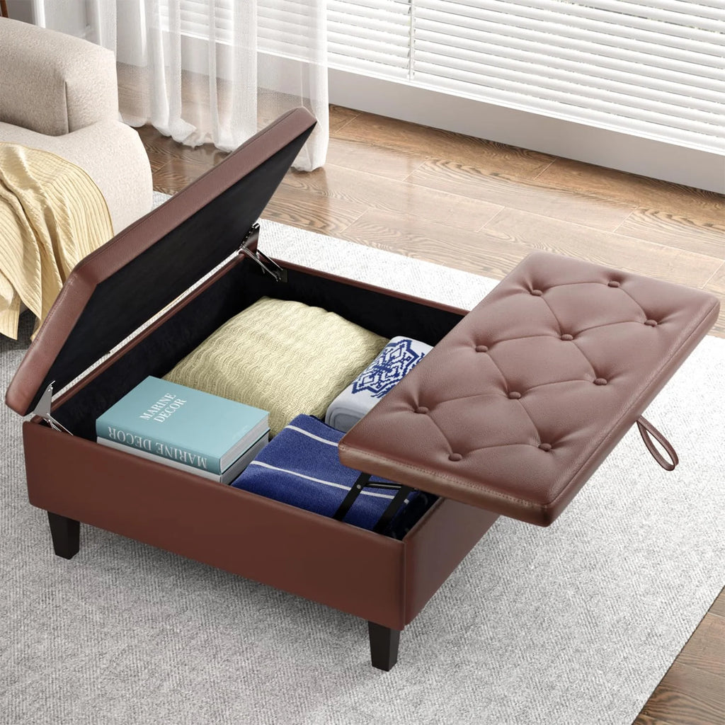 Dark Brown Faux Leather Square Storage Ottoman S610547